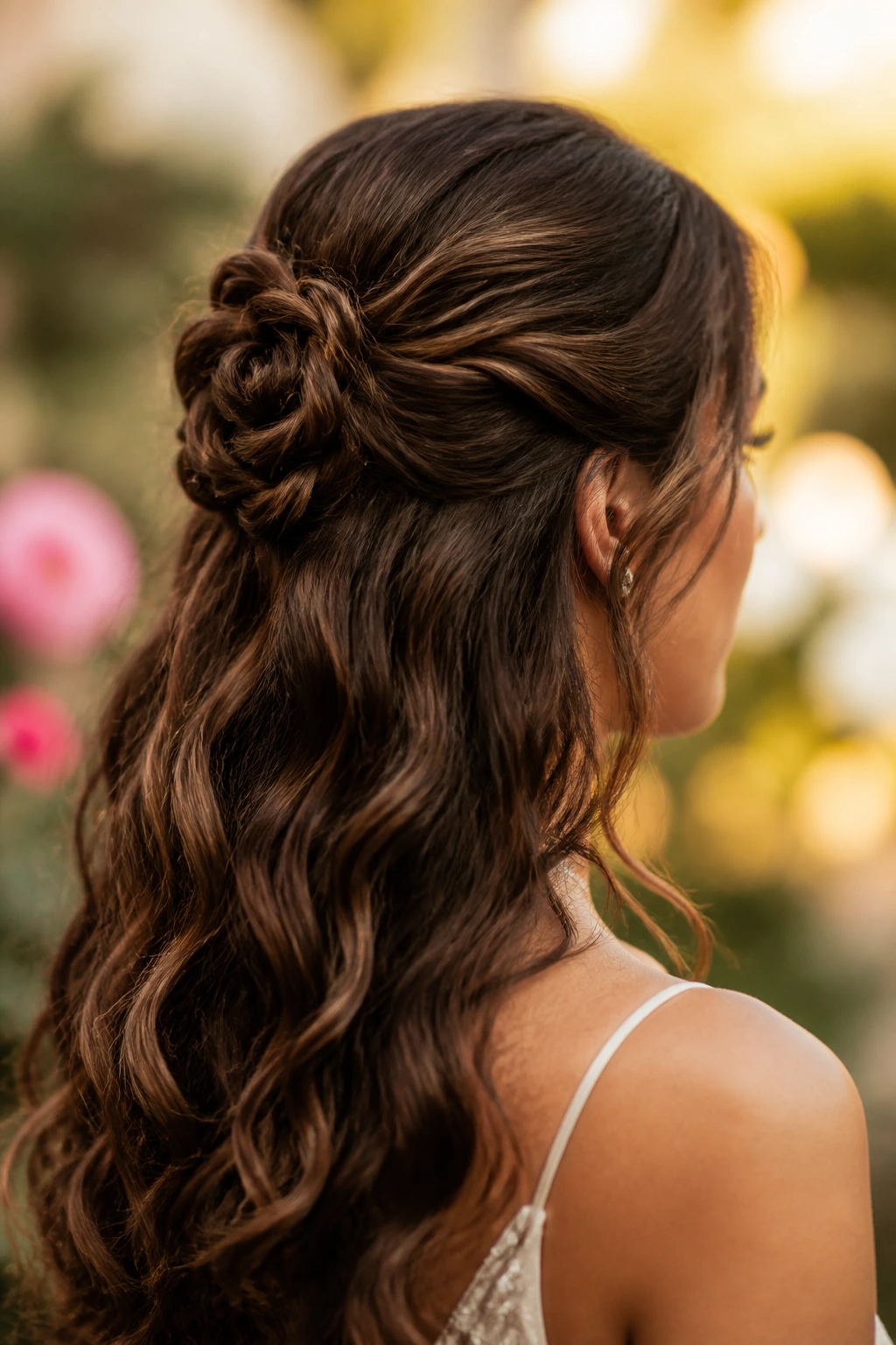 Close-up of a real woman with a twisted half-up rosette hairstyle