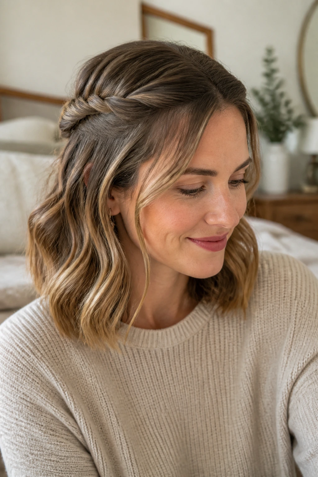 Close-up portrait of a real woman showing a twisted half-up hairstyle on shoulder-length hair in warm window light
