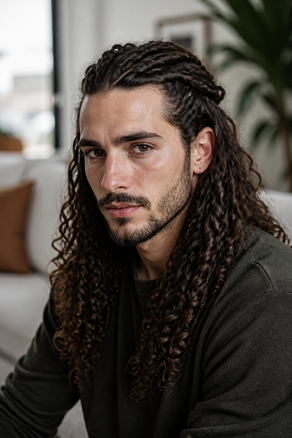 Portrait of a man with two twists at the sides of his hair, half-up style with curls down