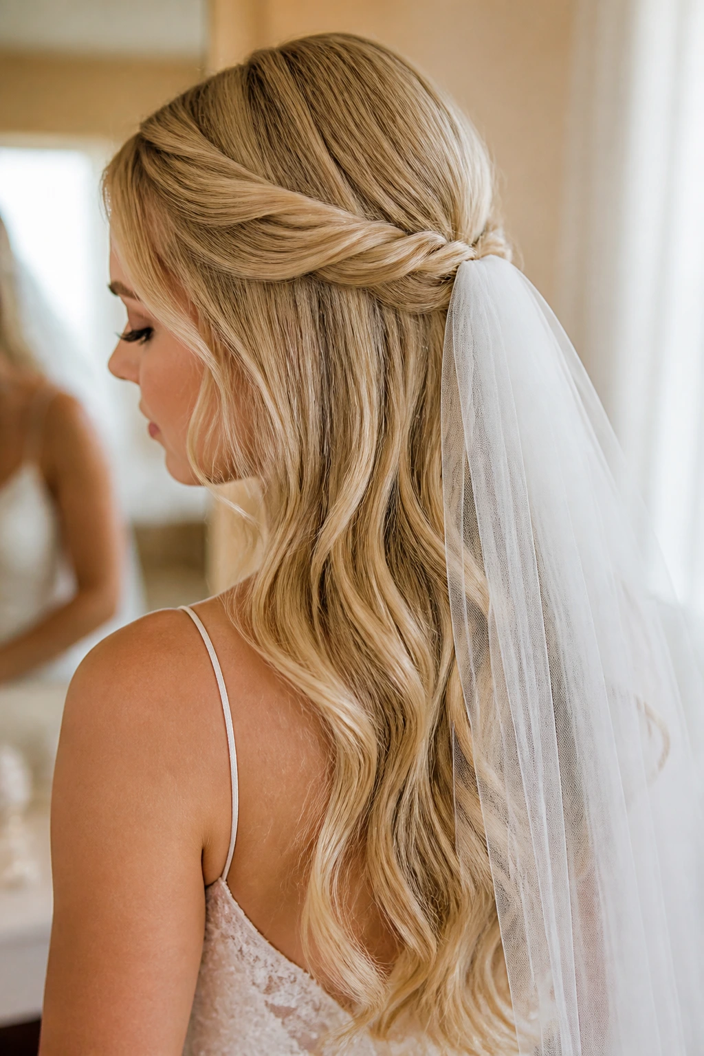 Close-up of a bridal Twisted Half-Up with Veil on blonde hair