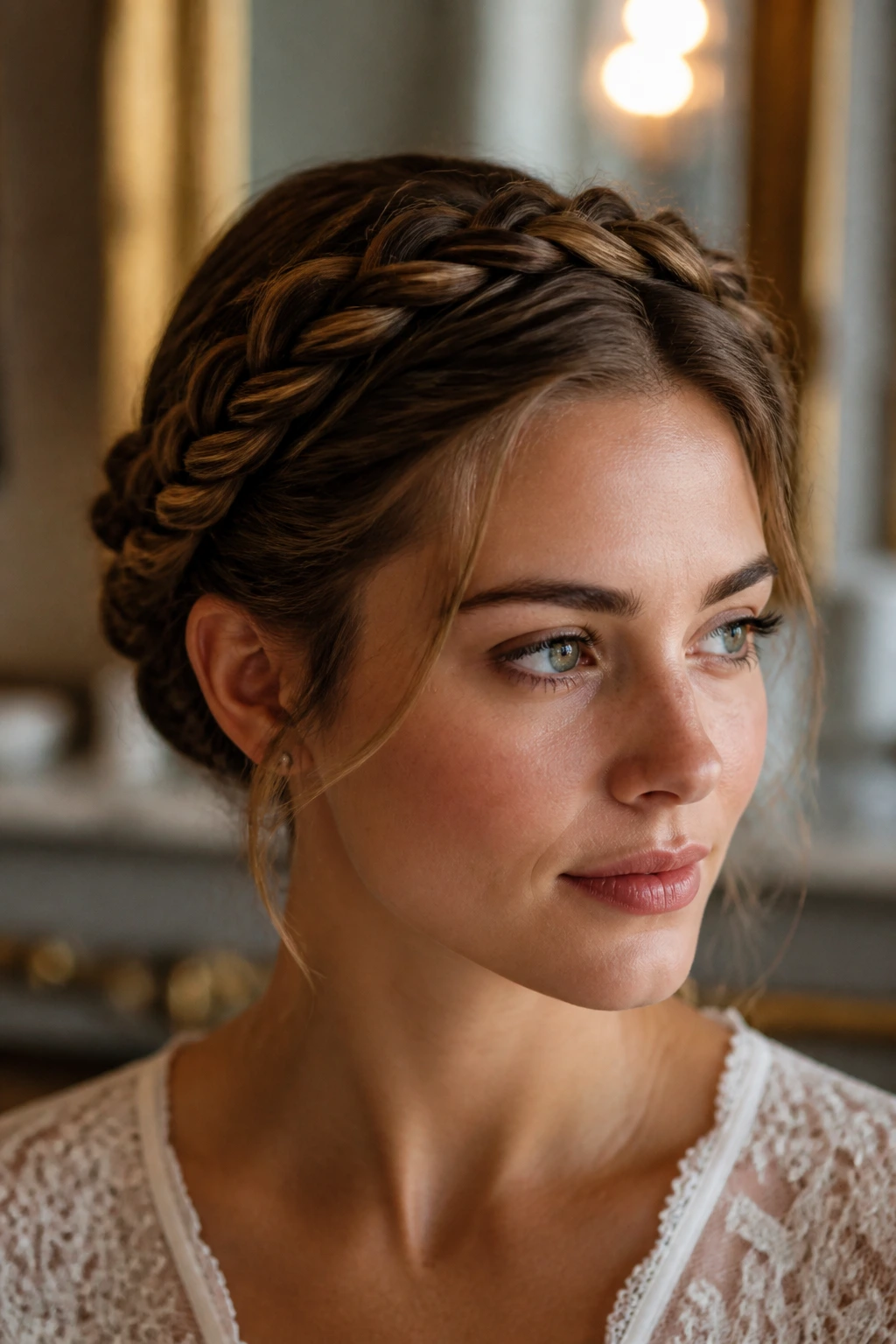 Close-up of a real woman's twisted halo hairstyle with tucked ends