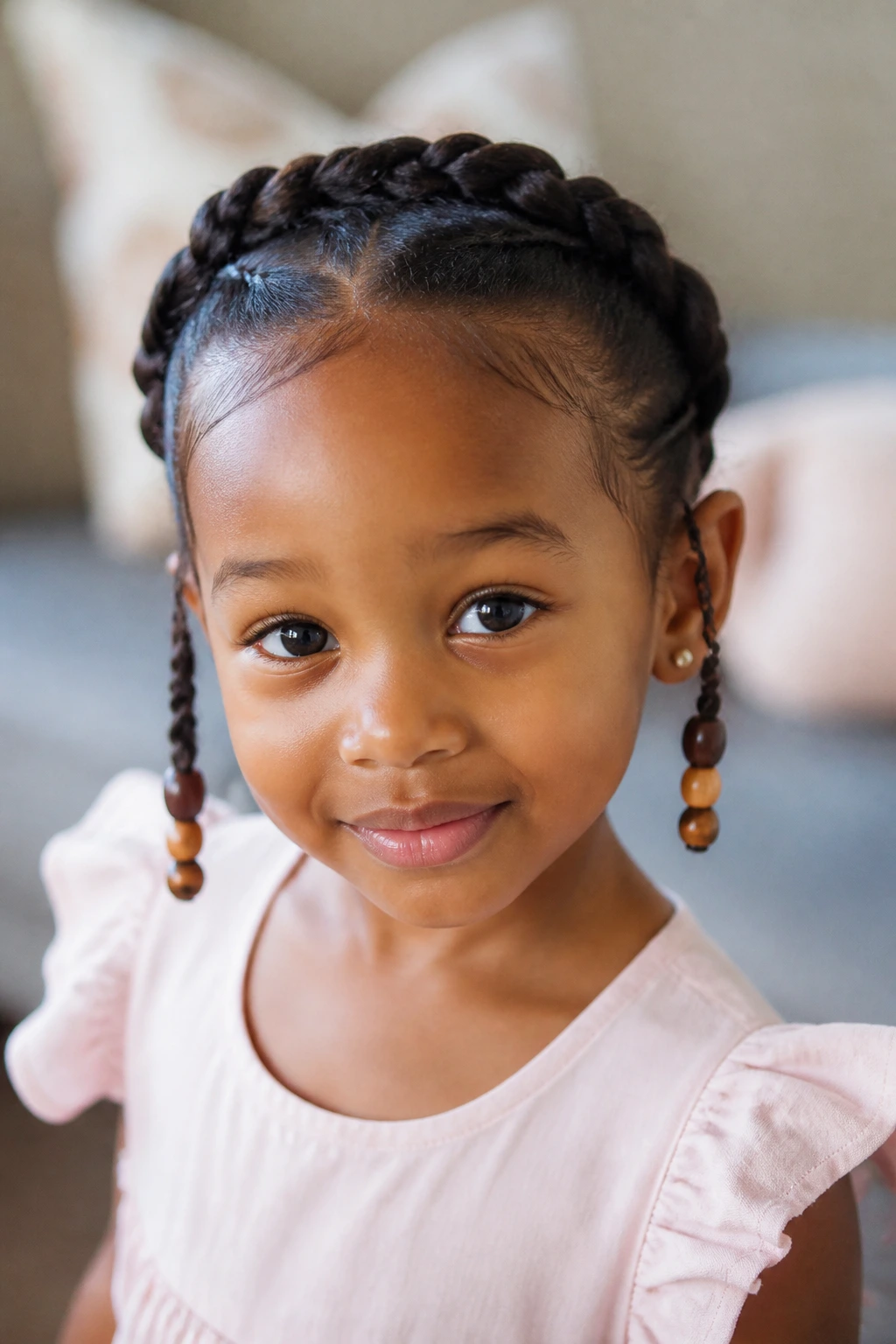 Close-up of a child with a twisted halo hairstyle and beaded ends.