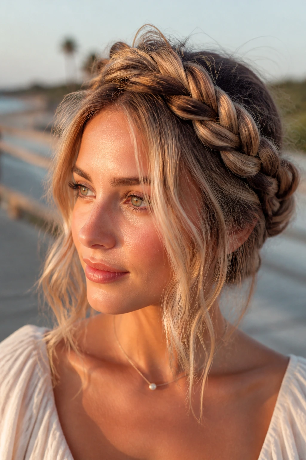 Close-up of twisted halo braid with beachy texture on a real woman at a boardwalk