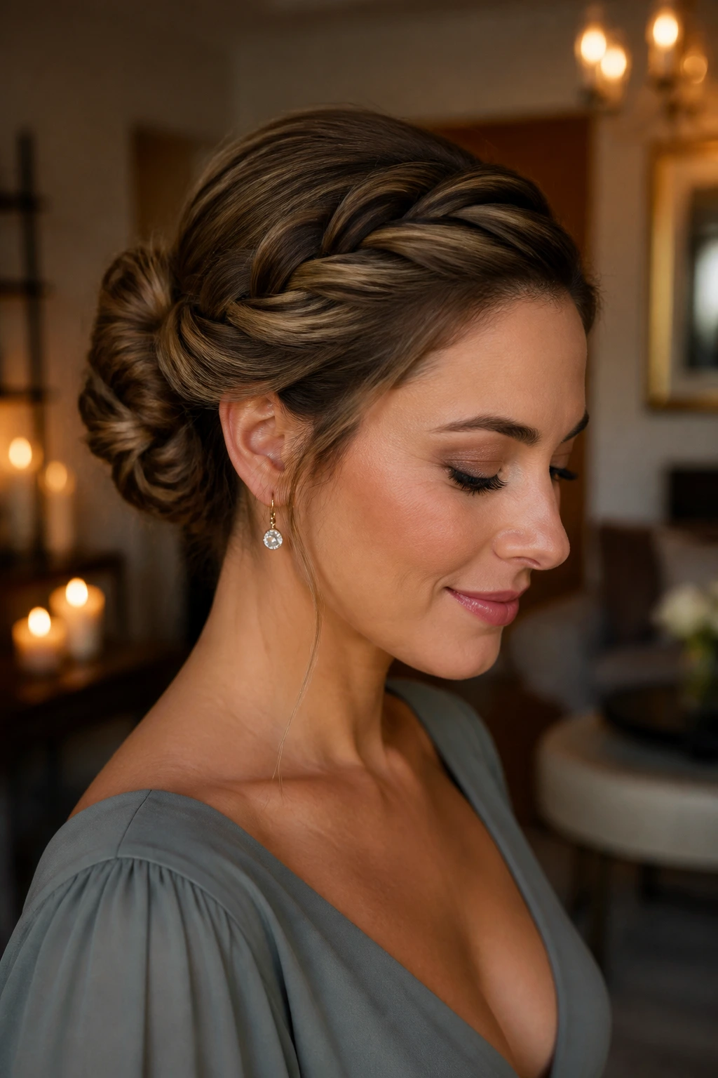 Close-up of a woman with a twisted halo bun