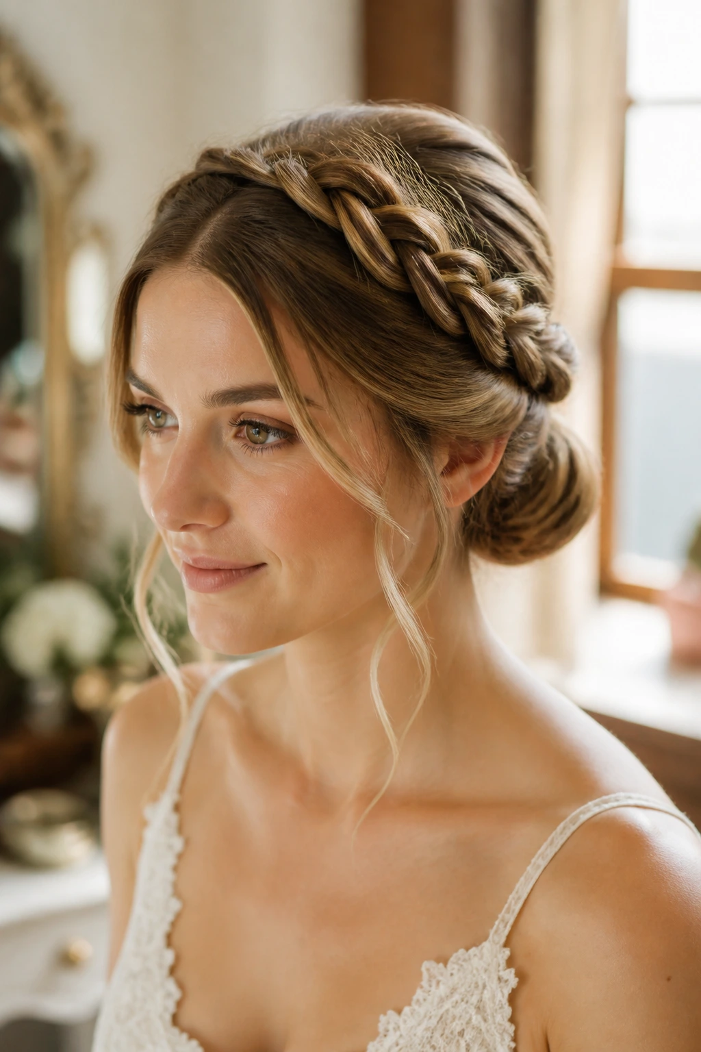 Close-up of a real woman with a twisted halo bun, crown twists forming a halo.