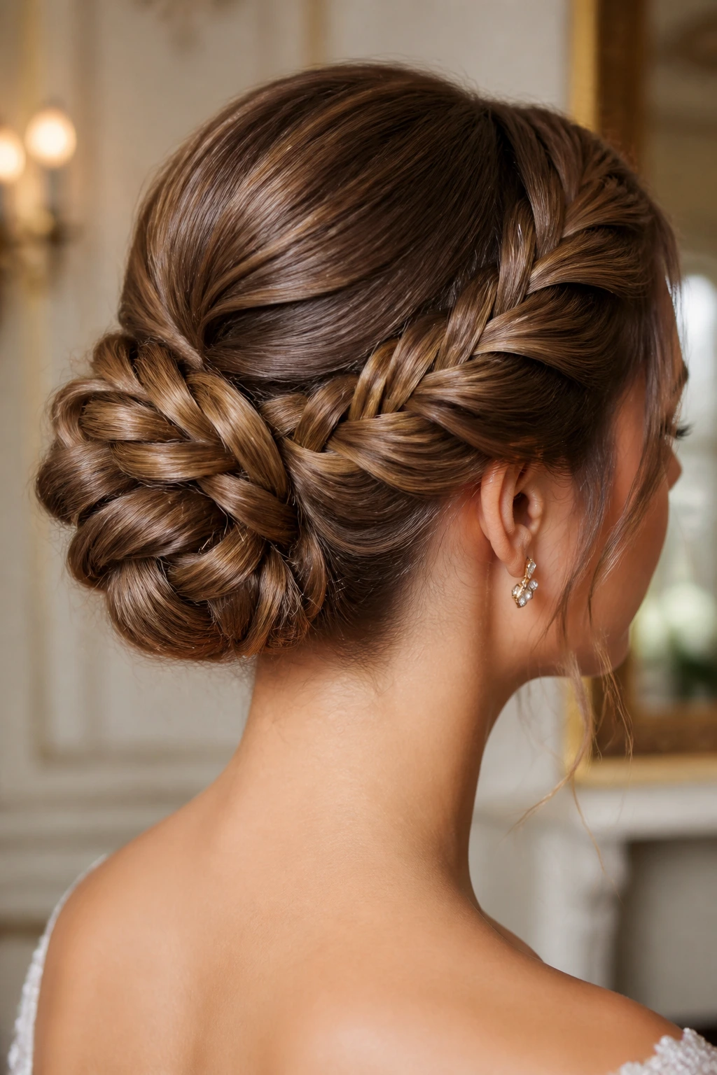 Close-up of a real woman with a twisted halo bun