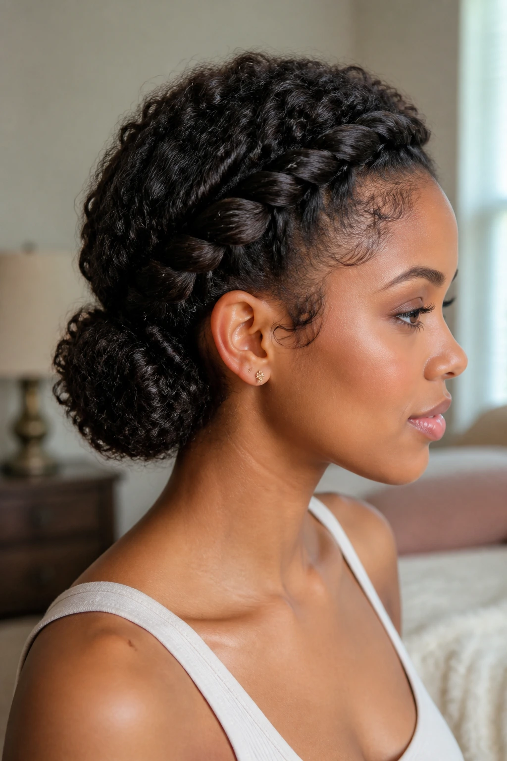 Close-up of real woman with twisted halo bun hairstyle