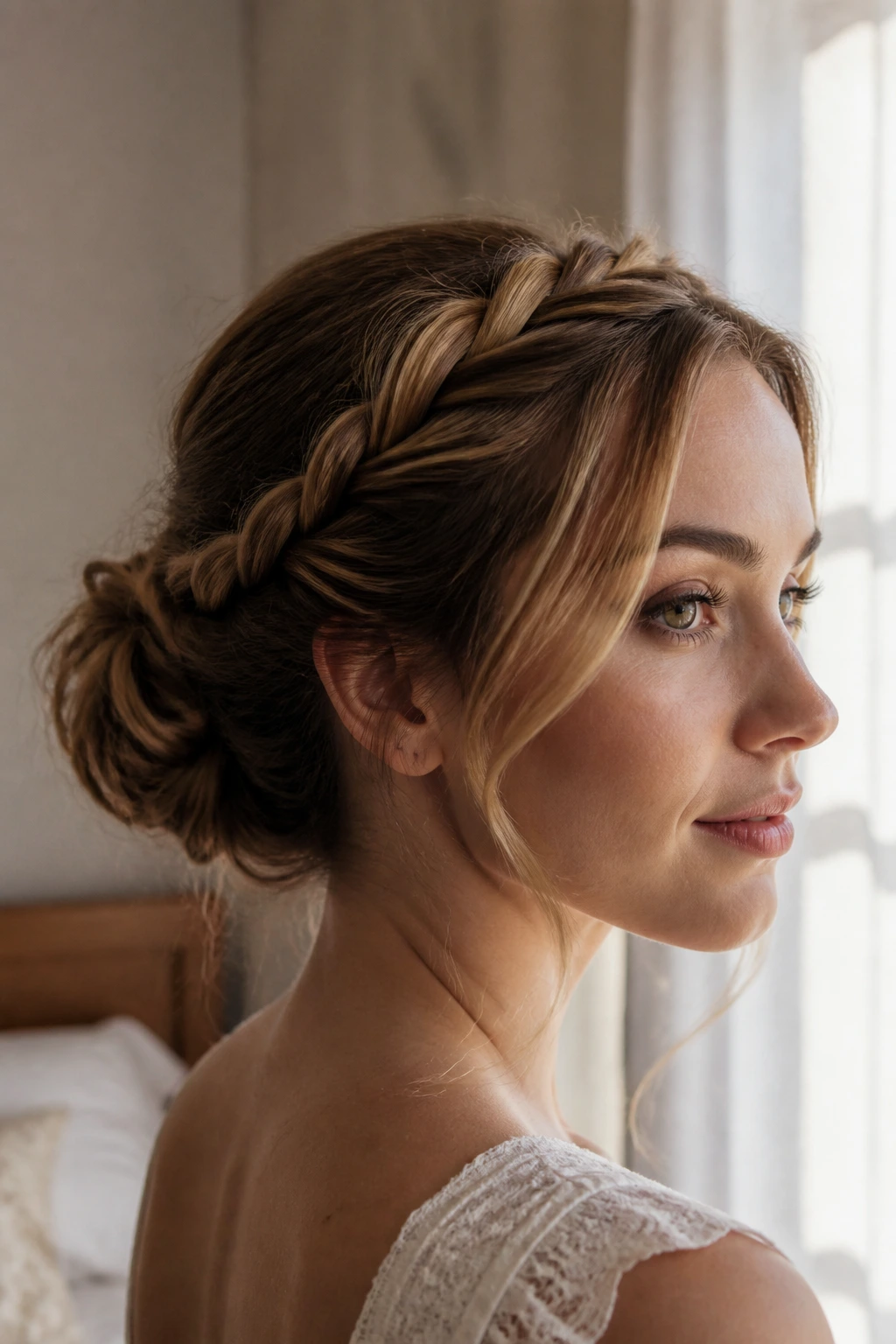 Close-up portrait of a real woman with a twisted halo bun around the head