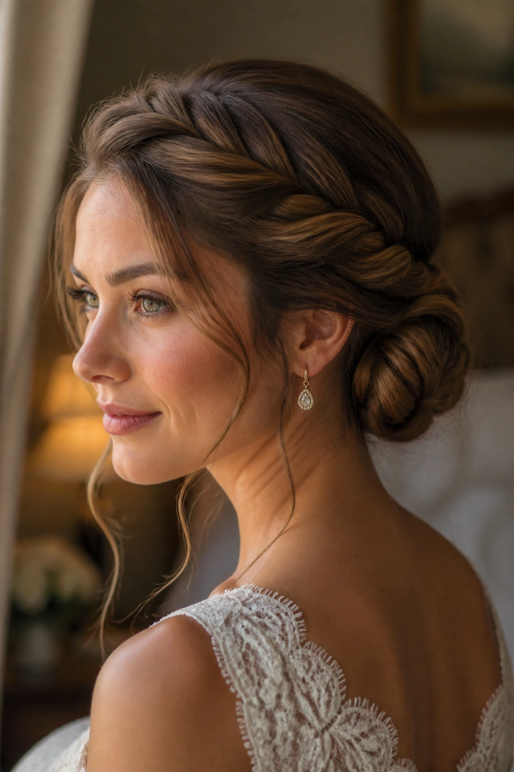 Close-up portrait of a real person with a twisted halo bun