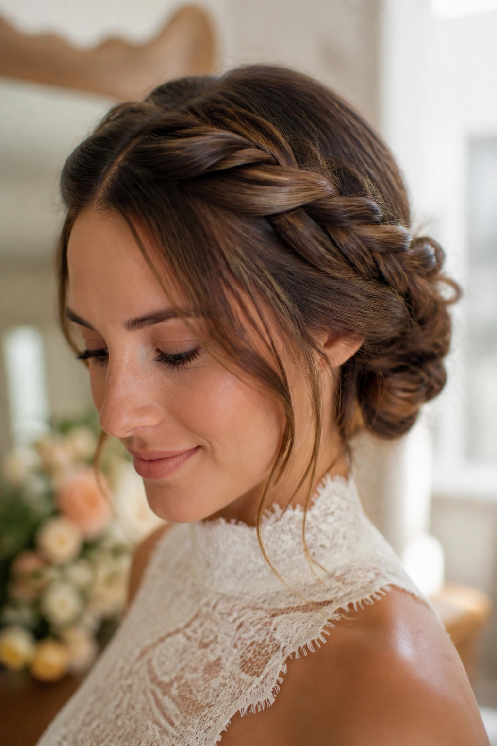 Portrait of a bride with a twisted halo bun