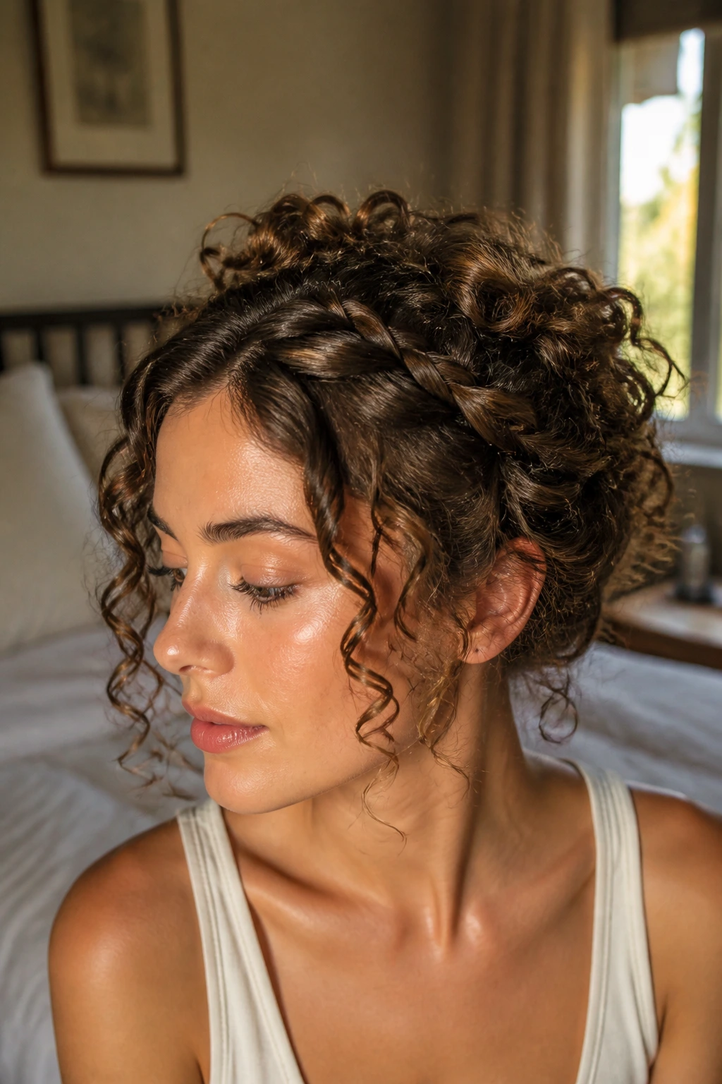 Close-up portrait of a woman with twisted halo crown hairstyle