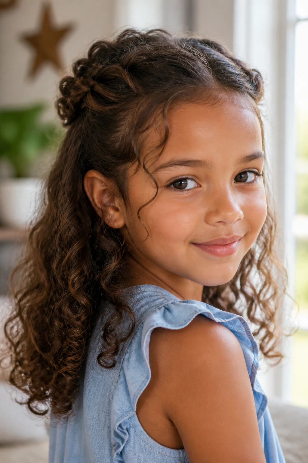 Close-up of real girl with twisted halo hairstyle and loose curls