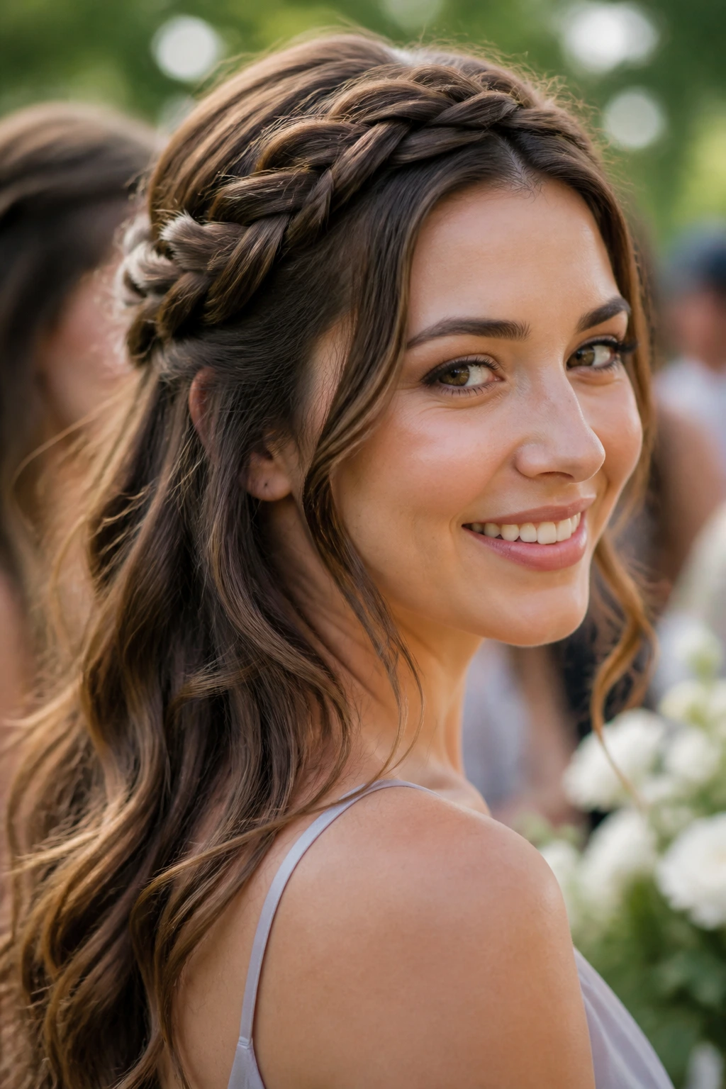Real woman wearing a twisted halo half-up hairstyle.