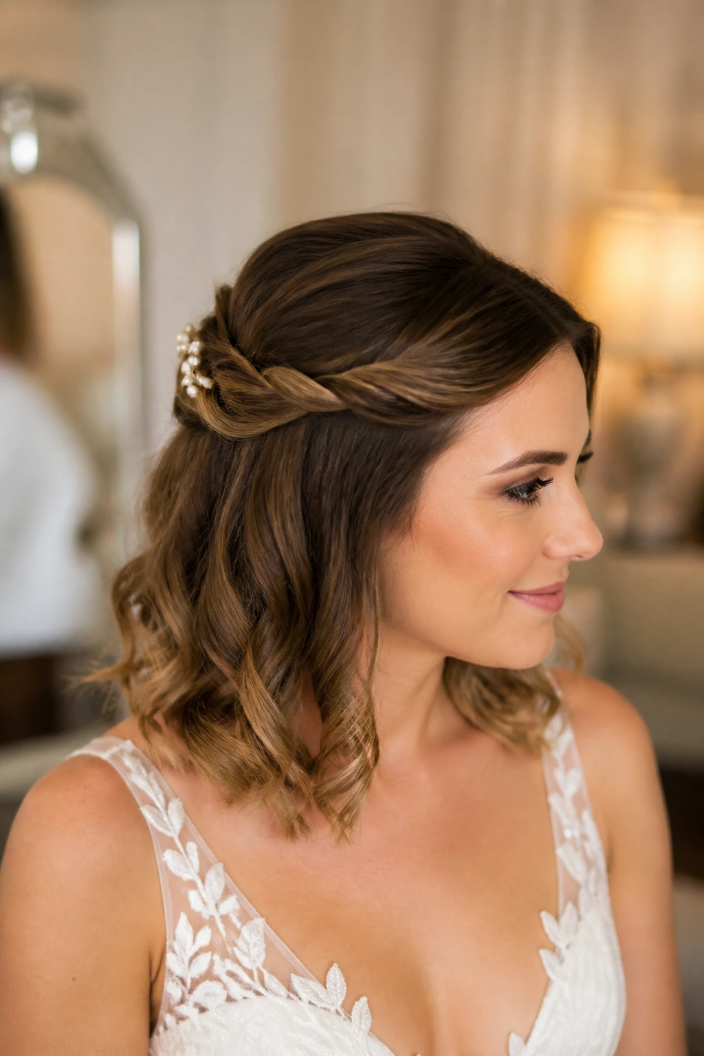 Close-up of a real bride with two twists forming a halo and loose curls