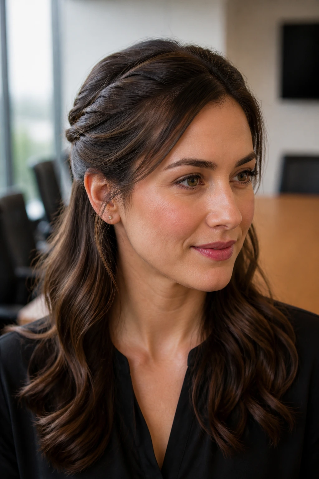 Close-up portrait of a woman with twisted halo half-up hairstyle in a professional setting