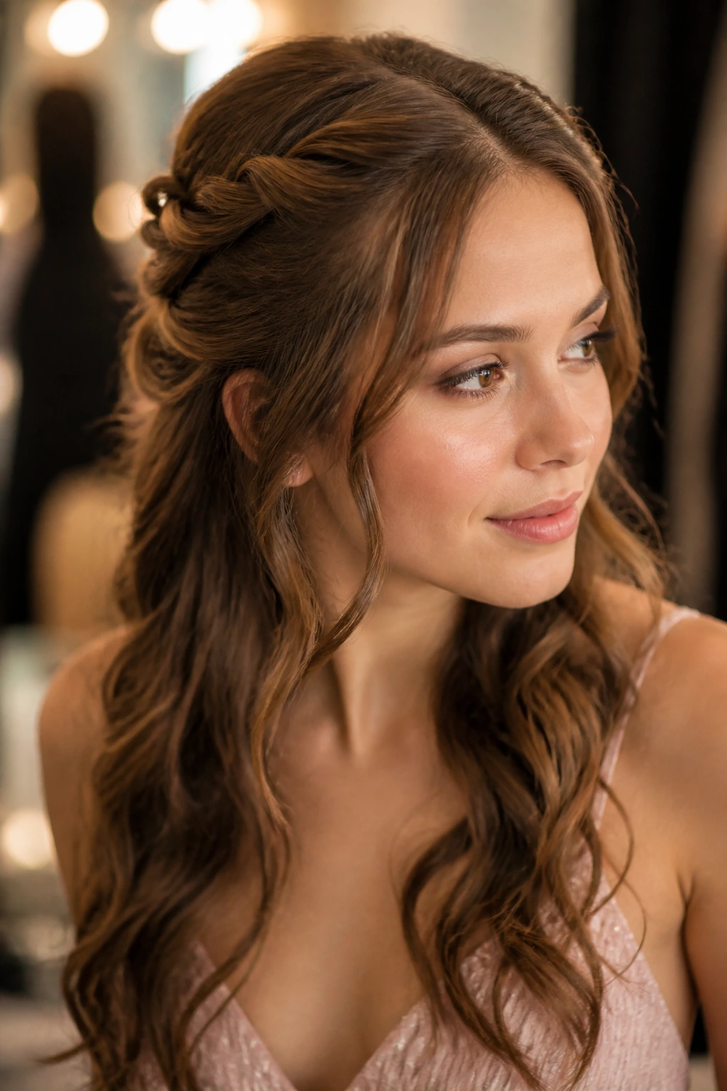 Close-up of a real woman with twisted halo half-up and soft waves.