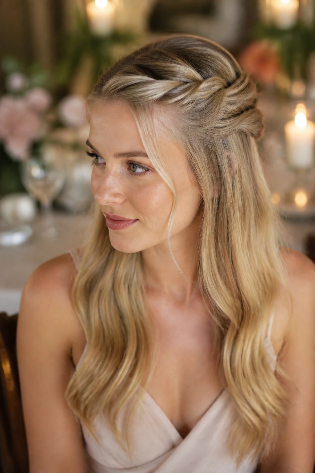 Real woman with twisted halo half-up hairstyle in soft light