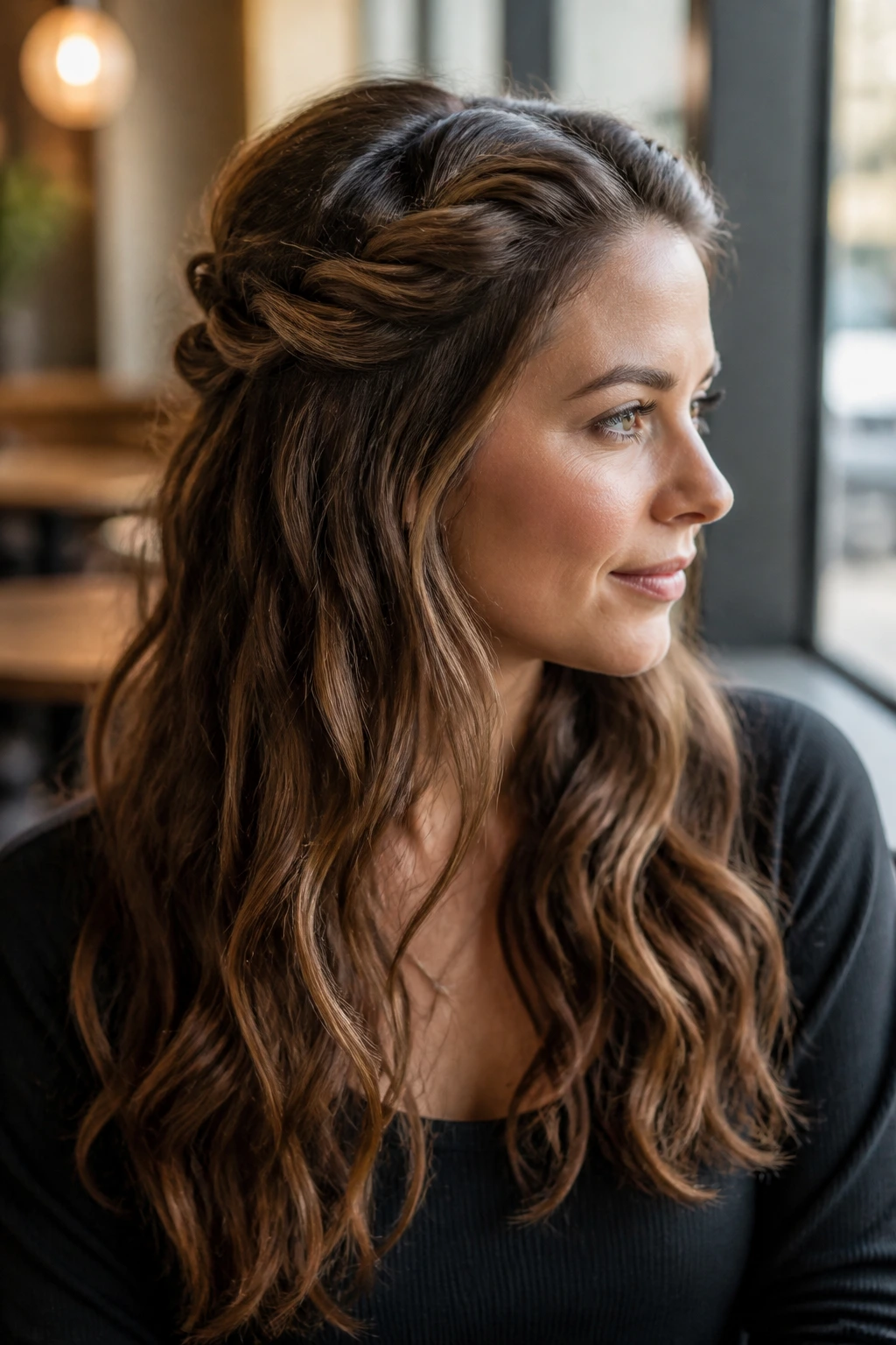 Close-up of a real woman with twisted halo half-up hairstyle in a sunlit cafe