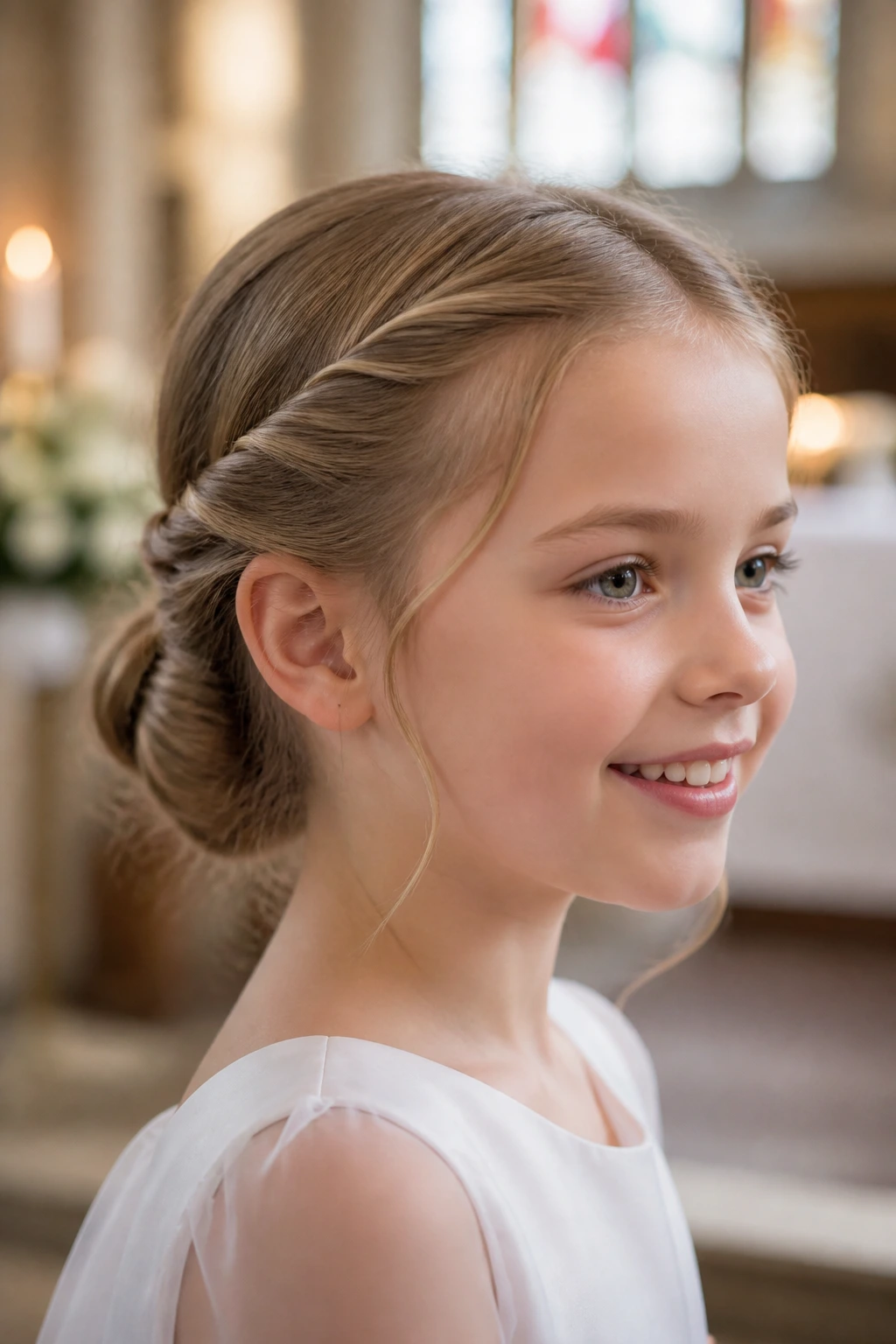 Close-up of a child with twisted halo knot hairstyle in church setting