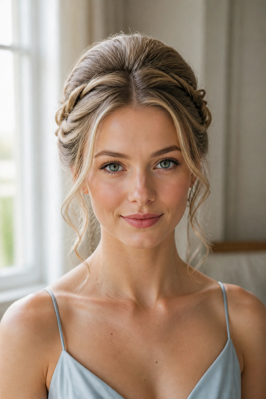 Portrait of a real woman with a twisted halo and crown lift