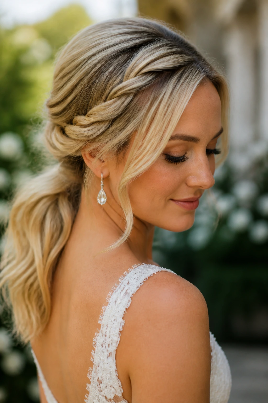 Bride with twisted halo and low ponytail in soft garden light