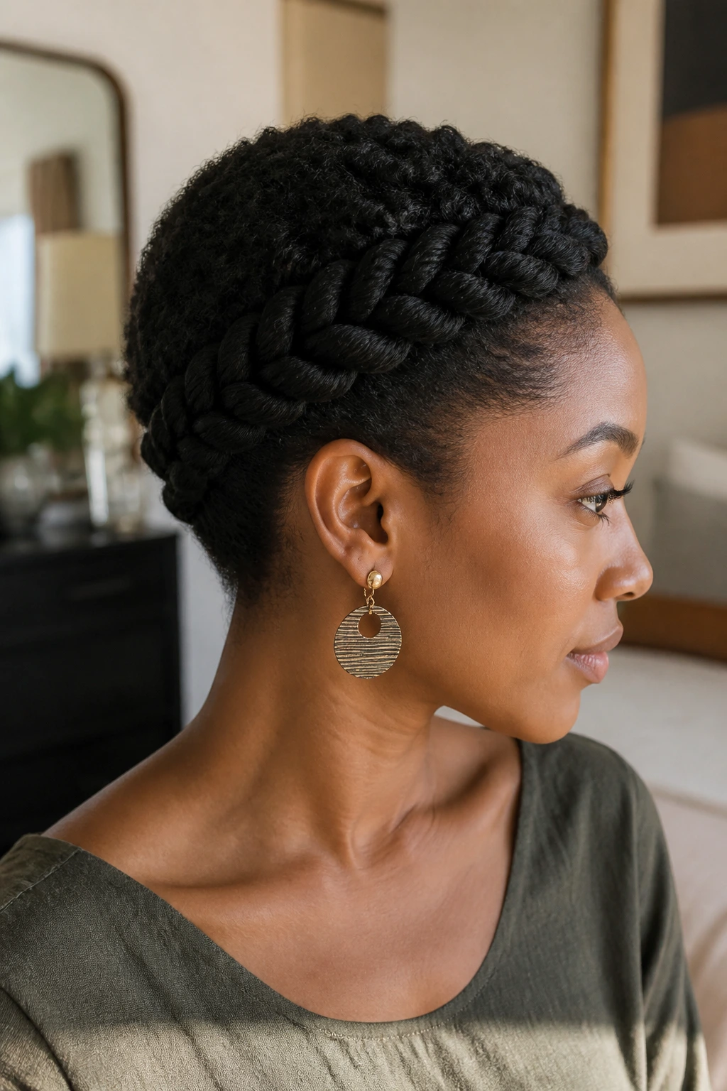 Close-up of a real person with a twisted halo around the crown and a tucked nape
