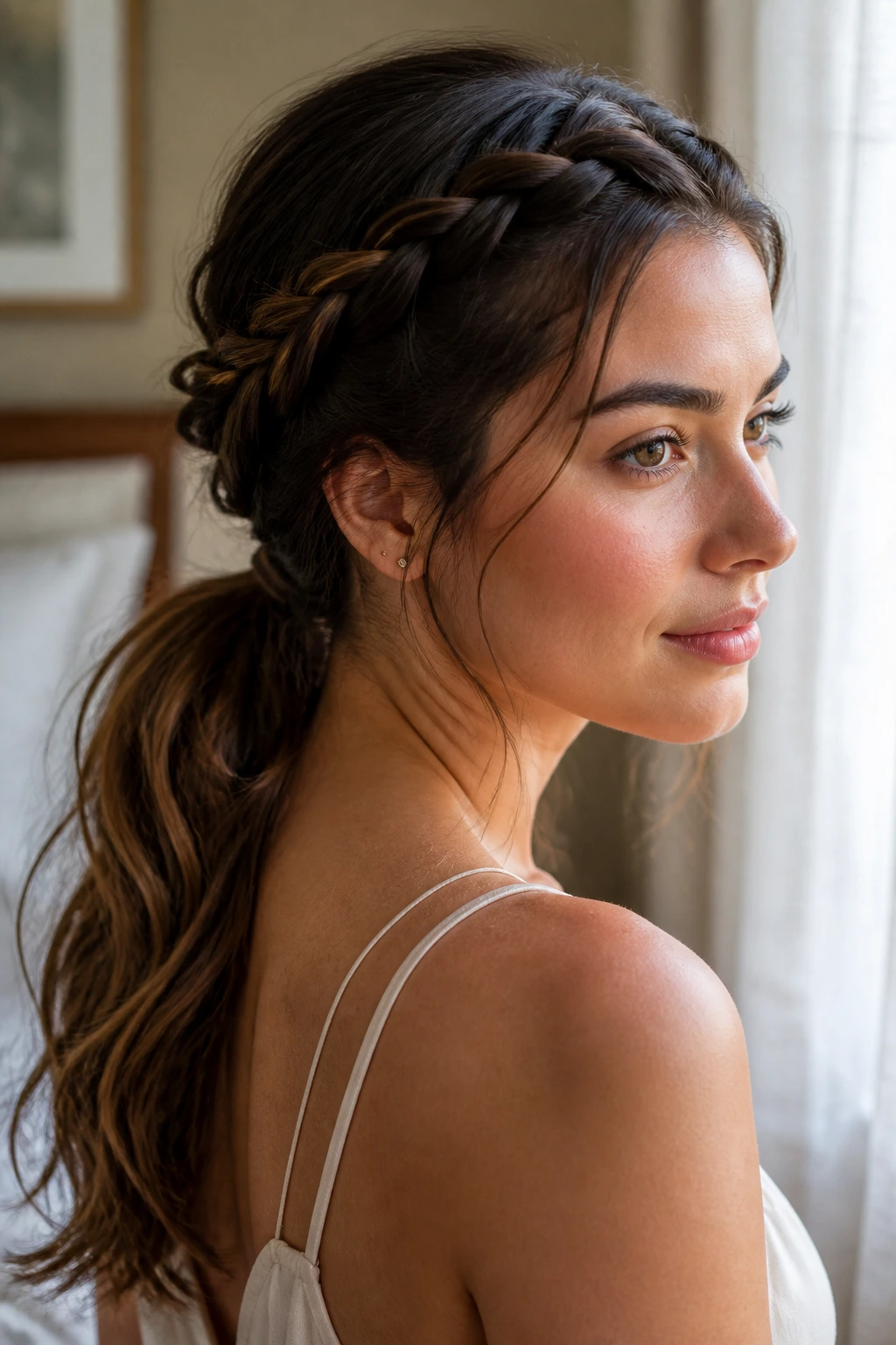 Close-up of a woman wearing a twisted halo pony hairstyle with crown twists framing the face