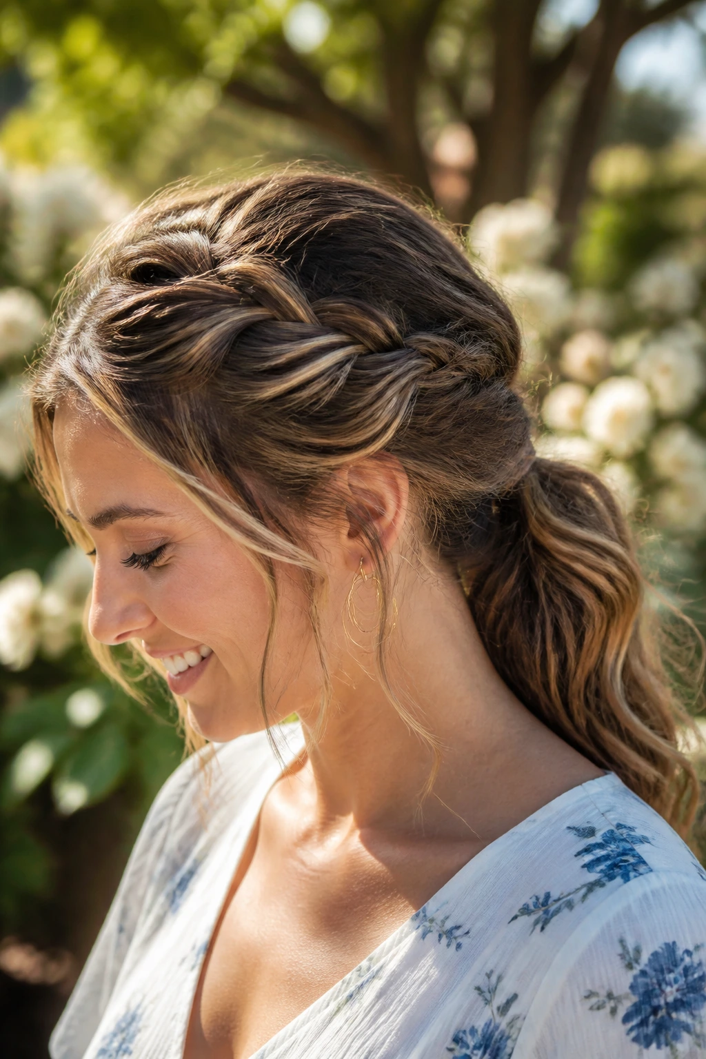 Real woman with a twisted halo ponytail in a sunlit outdoor garden