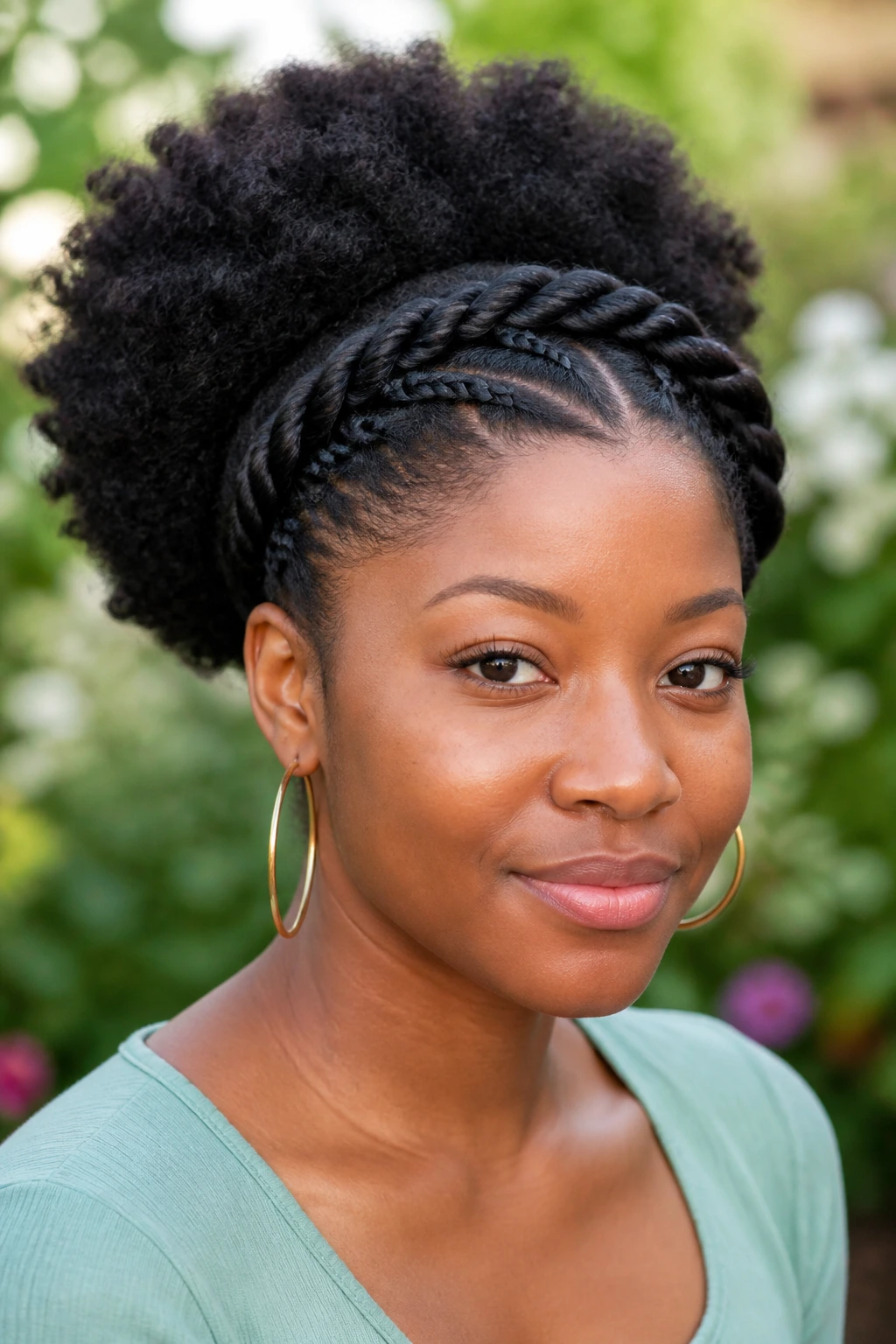 Close-up of a real woman with a halo of twists and a puff at the back.