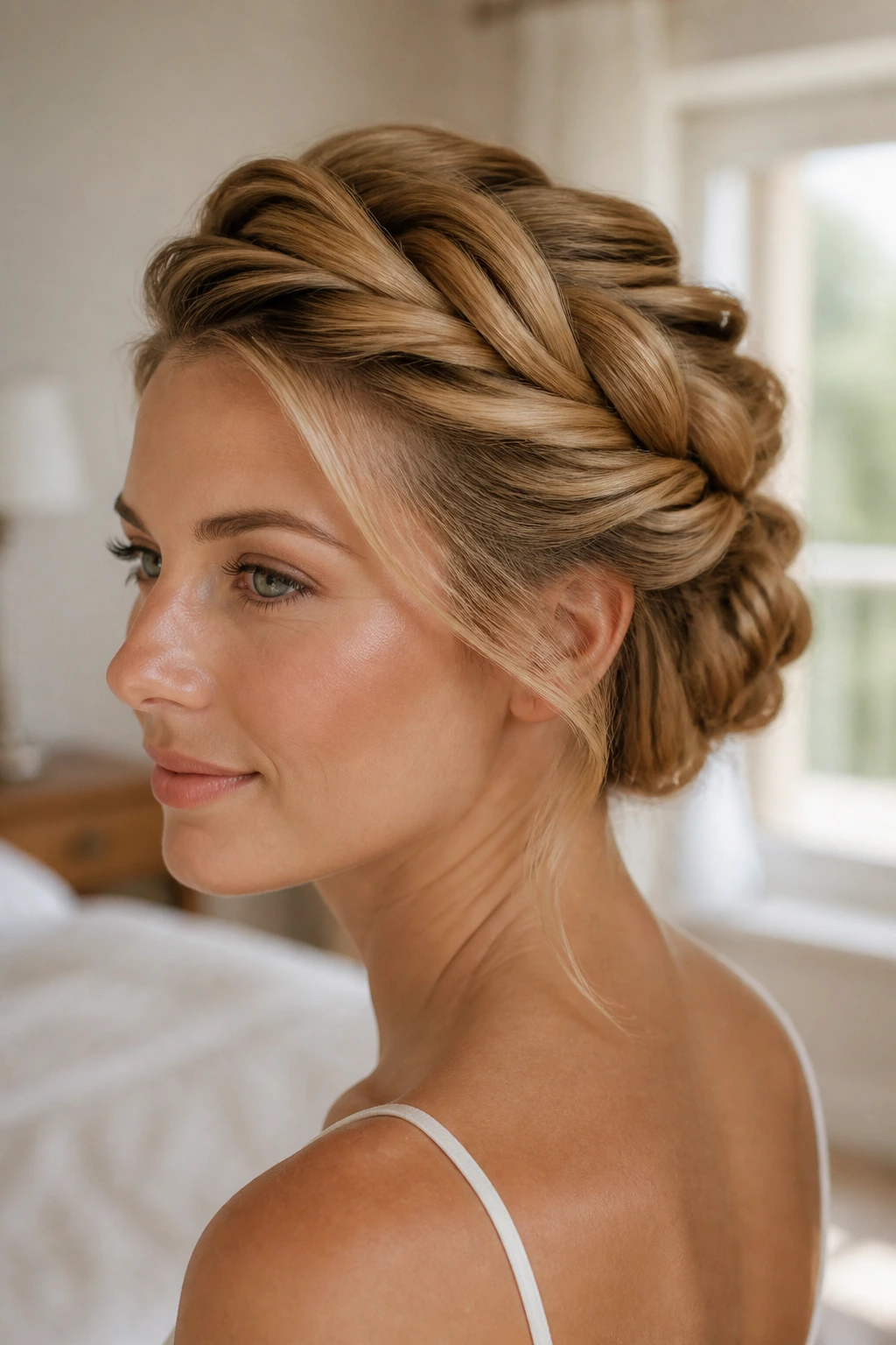 Close-up portrait of a woman with a twisted halo updo in soft lighting