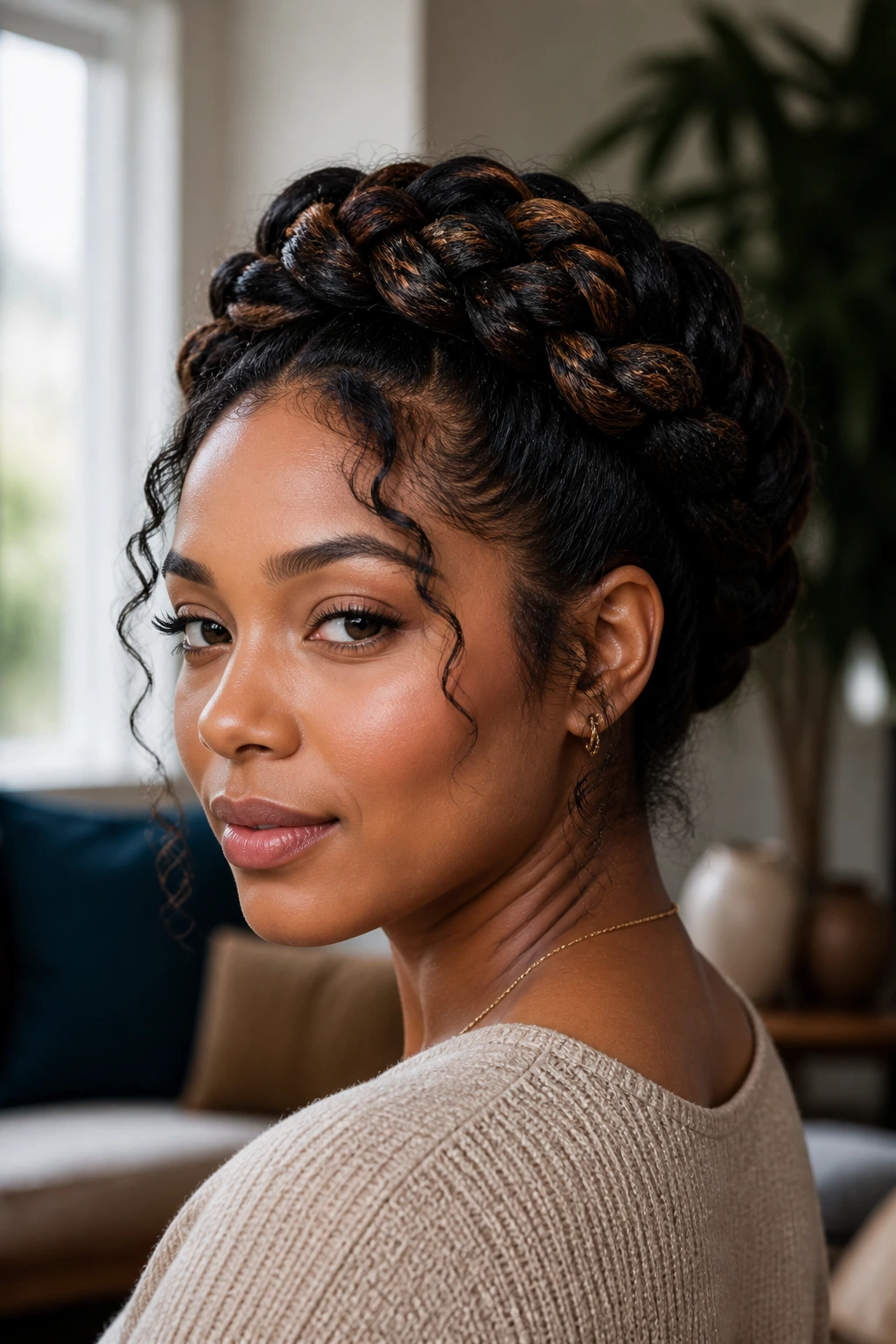 Close-up of a real woman with a twisted halo updo in warm indoor light