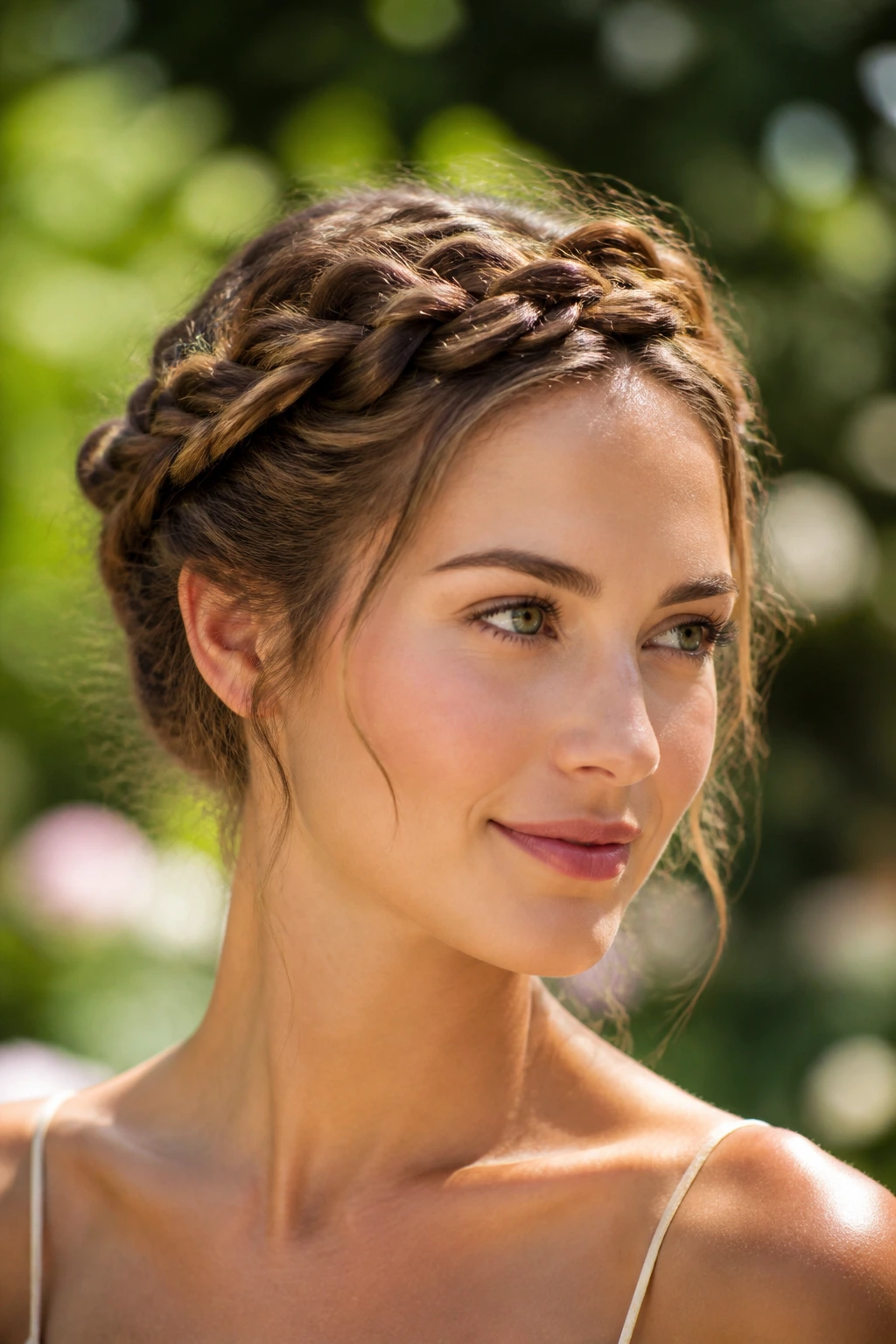 Close-up of a real woman's twisted halo updo in a sunlit garden