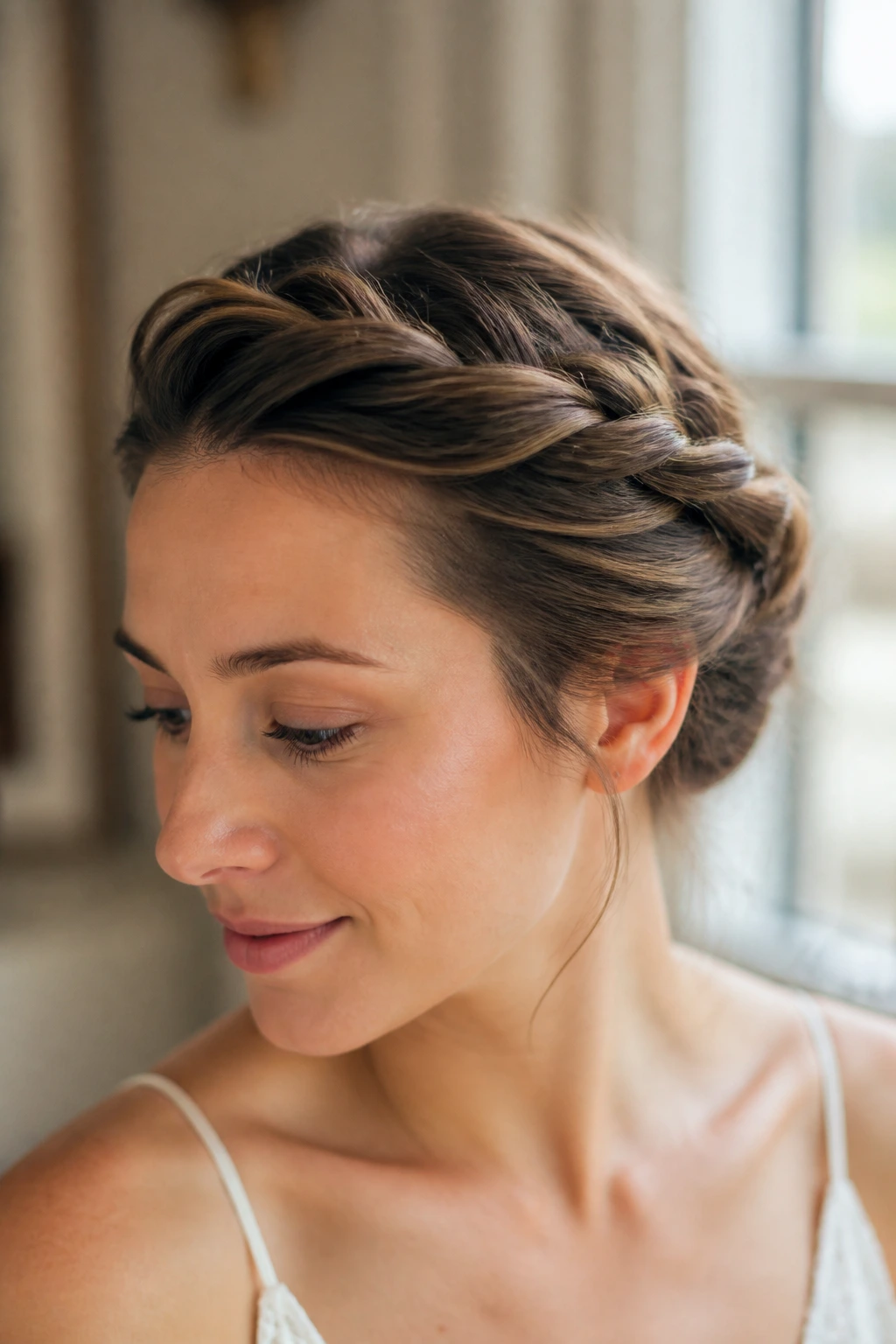 Close-up portrait of a real woman with a twisted halo updo