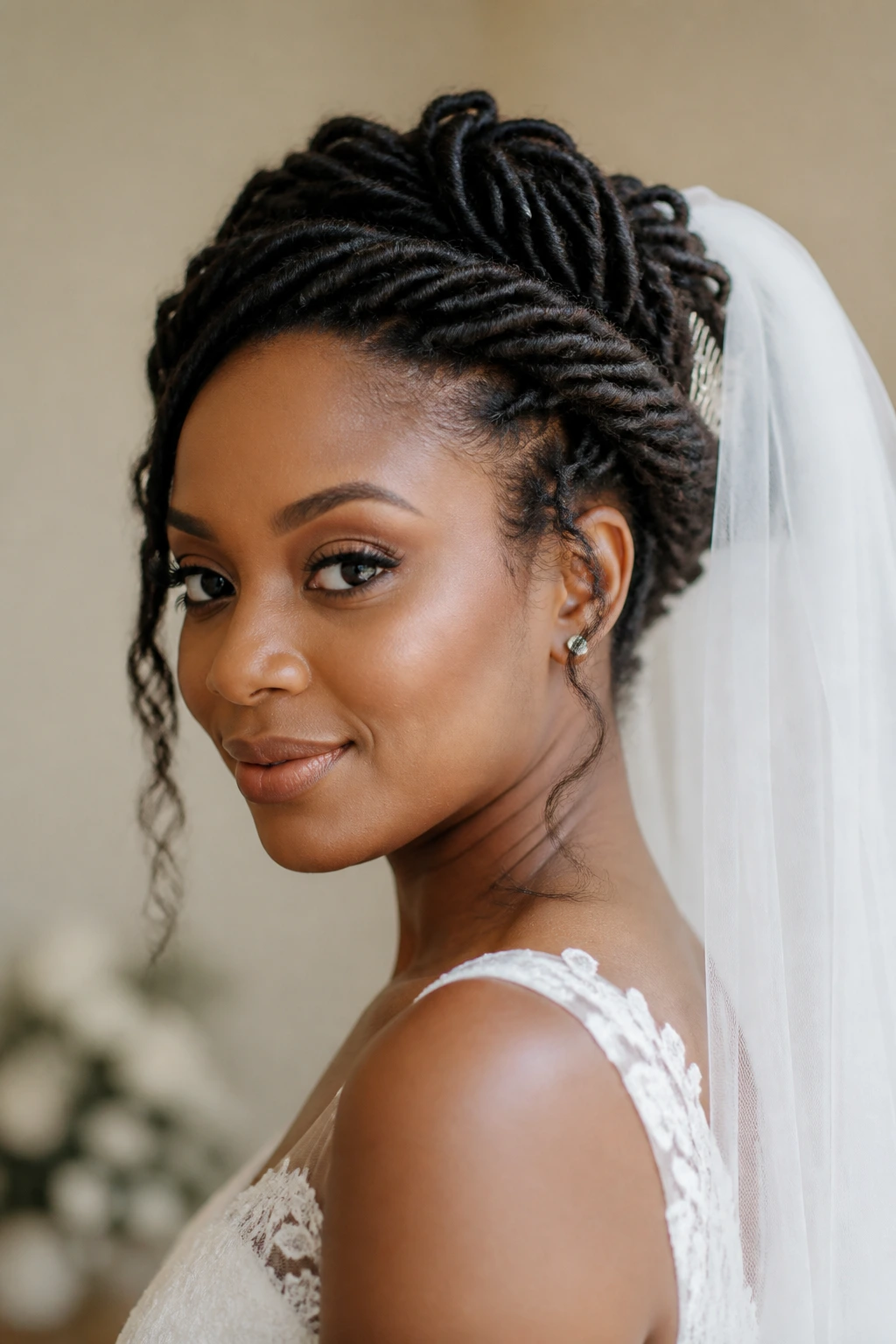 Three-quarter view of a real bride with twisted halo and veil comb
