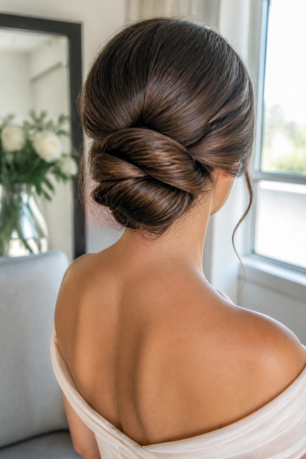 Real woman wearing a twisted knot bun at back of head