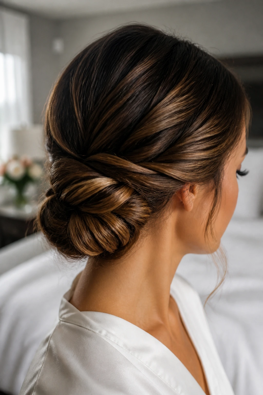 Close-up of a real woman with a twisted knot bun at the nape in warm bedroom light