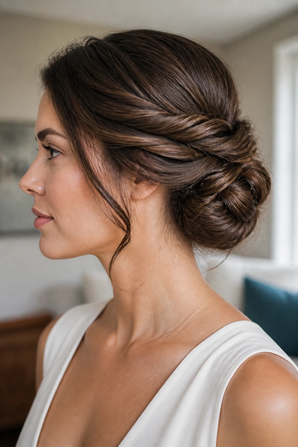 Close-up portrait of a real woman with a twisted knot chignon