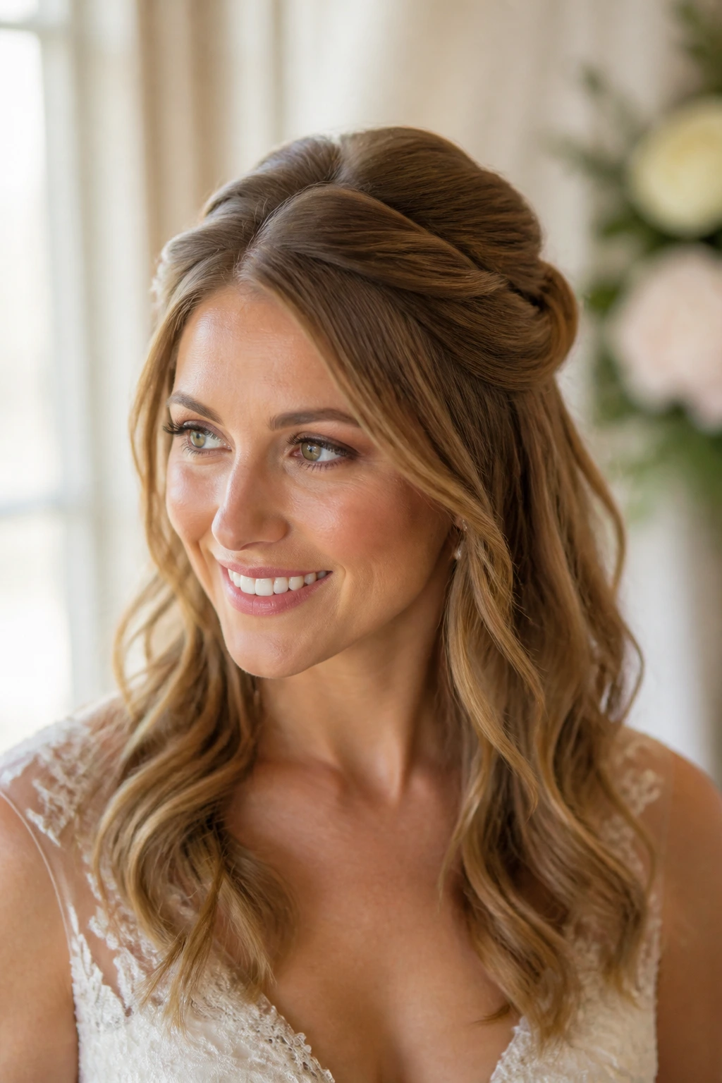 Close-up profile of a bride with a twisted knot half-up hairstyle.