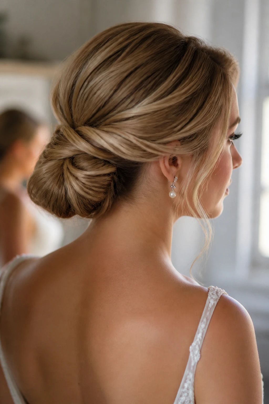 Close-up of a bride's twisted low knot with halo extension tucked inside