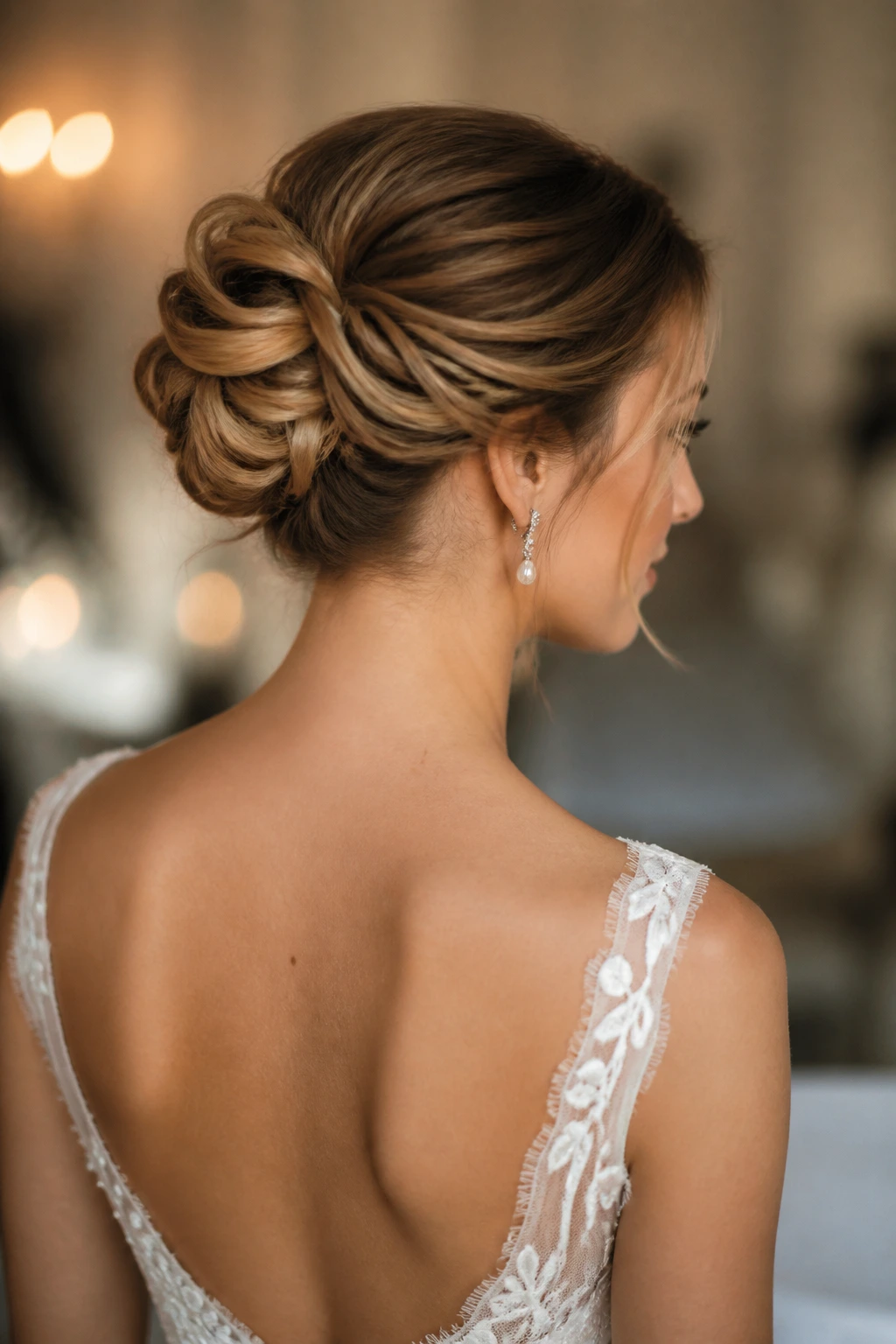 Close-up of a bride with a twisted knot updo in a softly lit venue