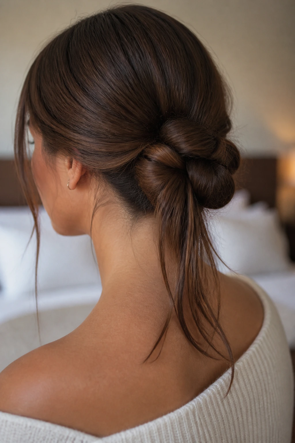 Portrait of a woman with a twisted knot and loose ends at the back