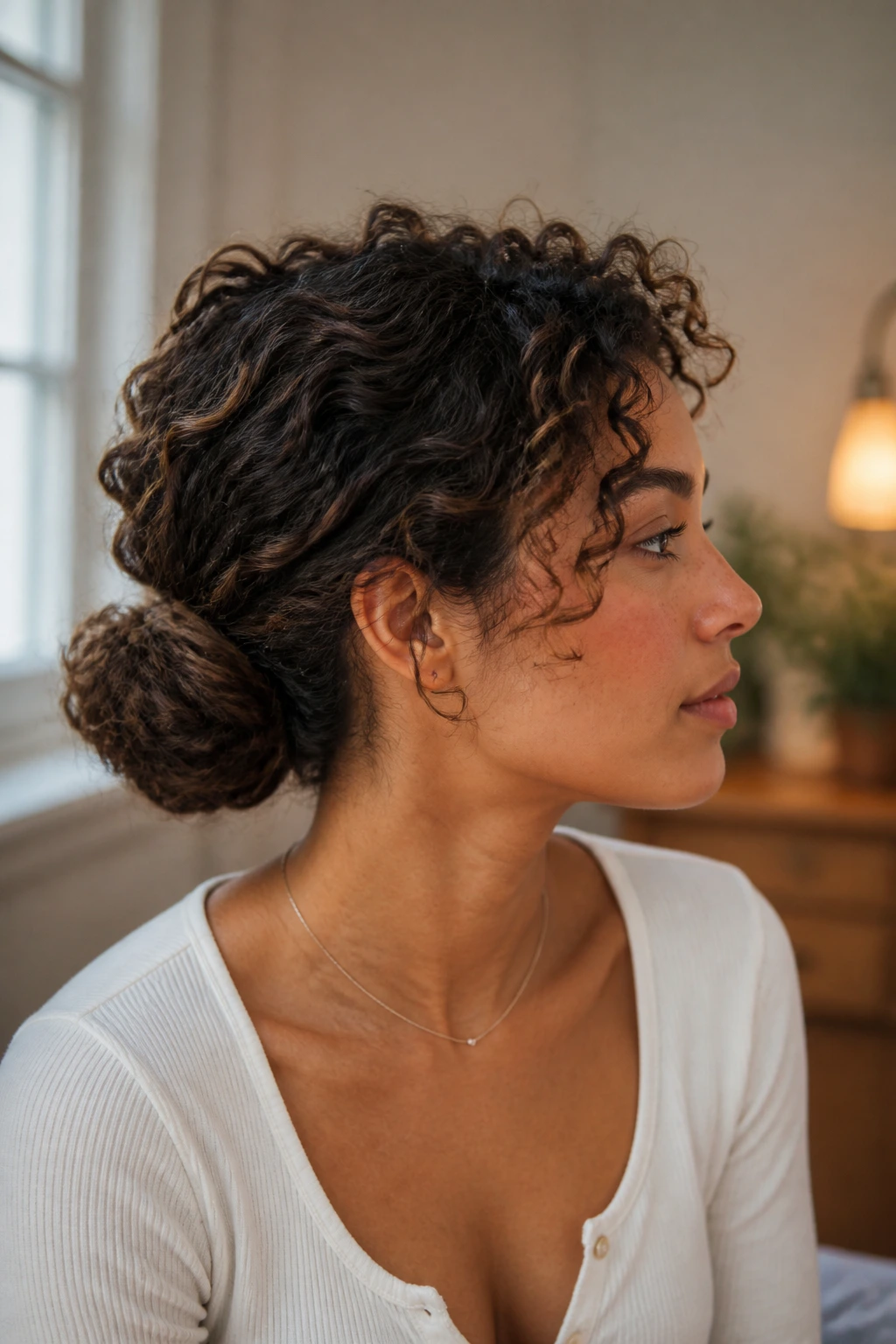 Side-profile of a real person with a twisted low bun and curly crown.