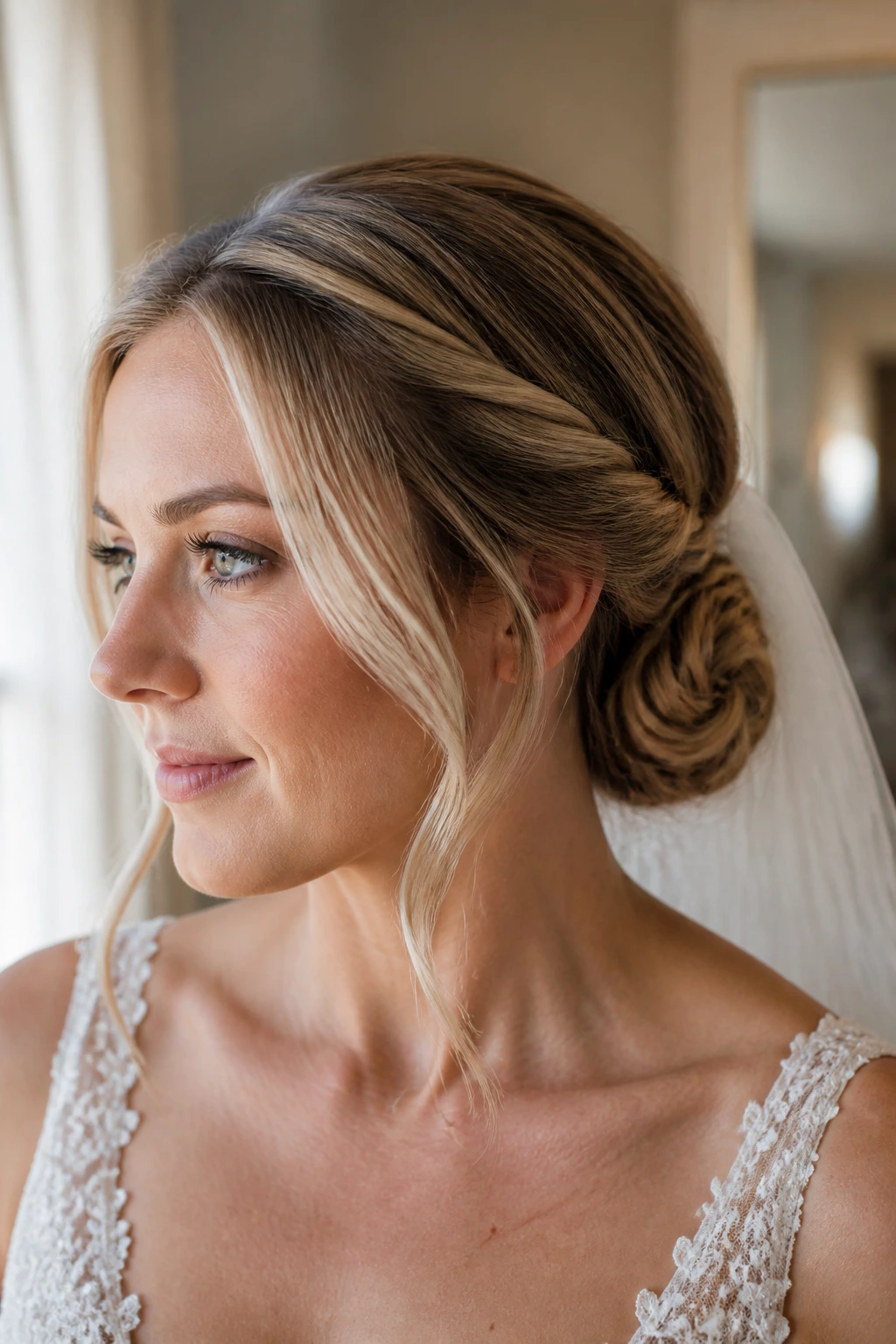 Close-up of a real bride with a twisted low bun and face-framing pieces