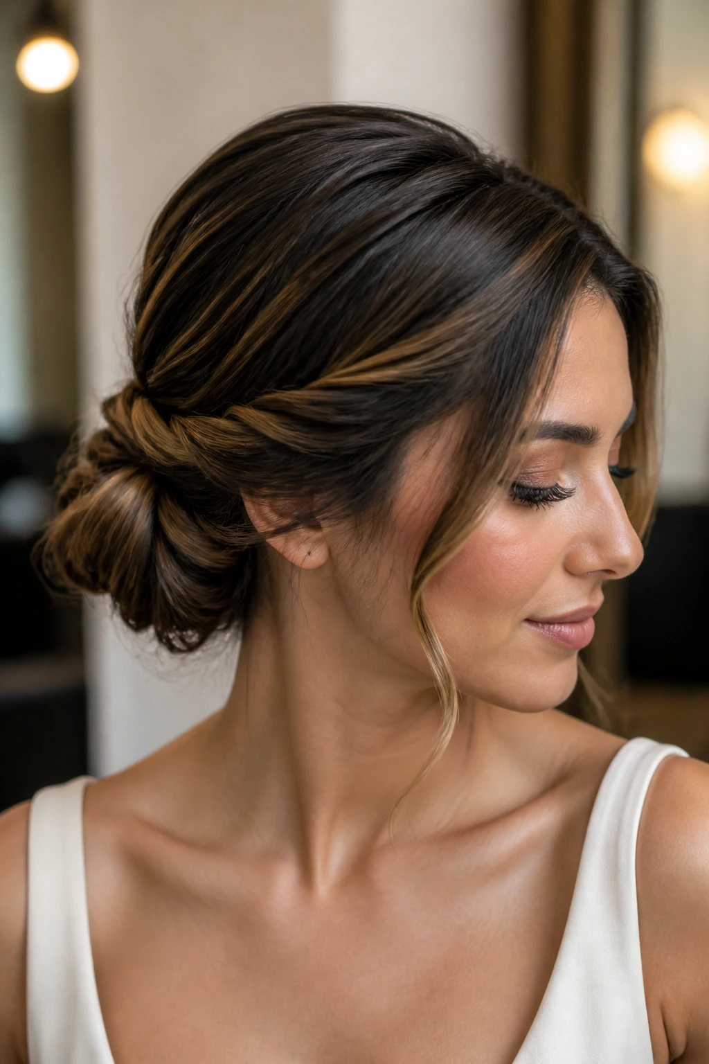 Close-up of a real woman with a twisted low bun and face-framing pieces