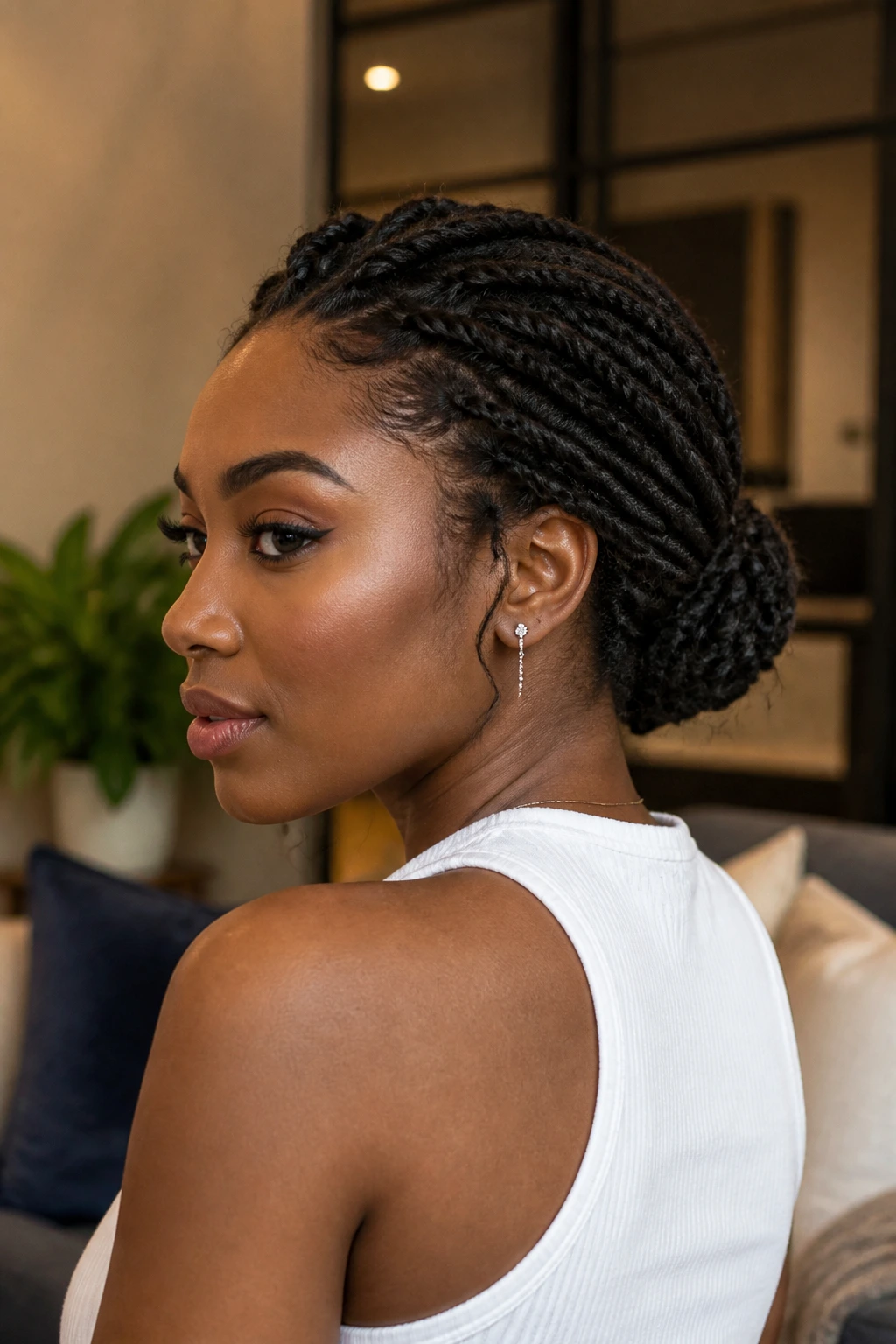 Woman with a twisted low bun at the nape in warm lighting