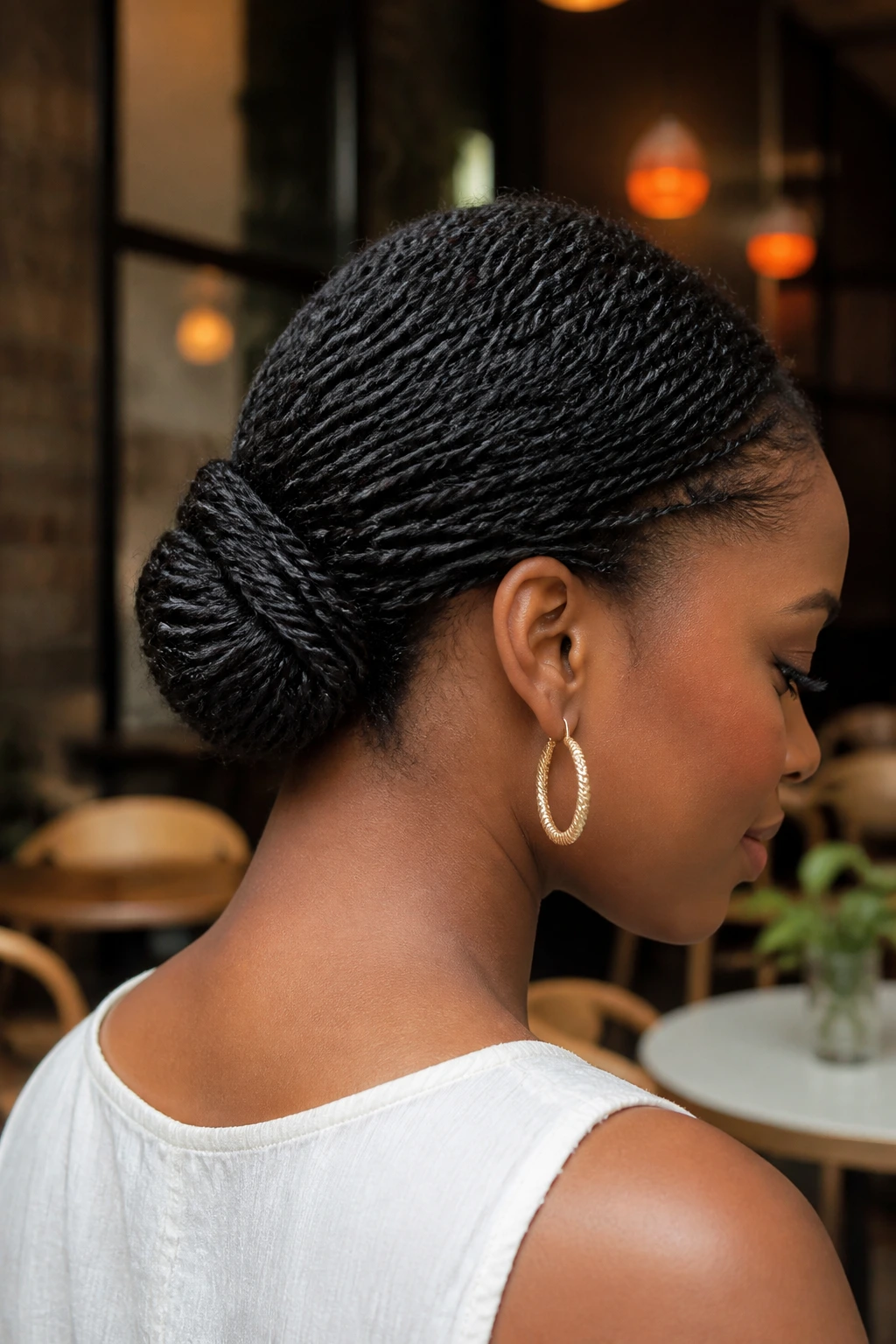 Real woman showing a twisted low bun at the nape in a chic cafe