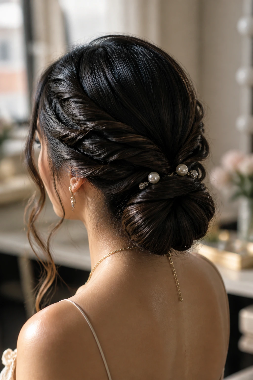 Real woman with twisted low bun and pearl pins