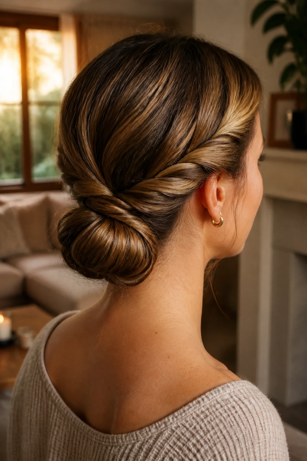 Portrait of a real woman with a twisted low bun at the nape