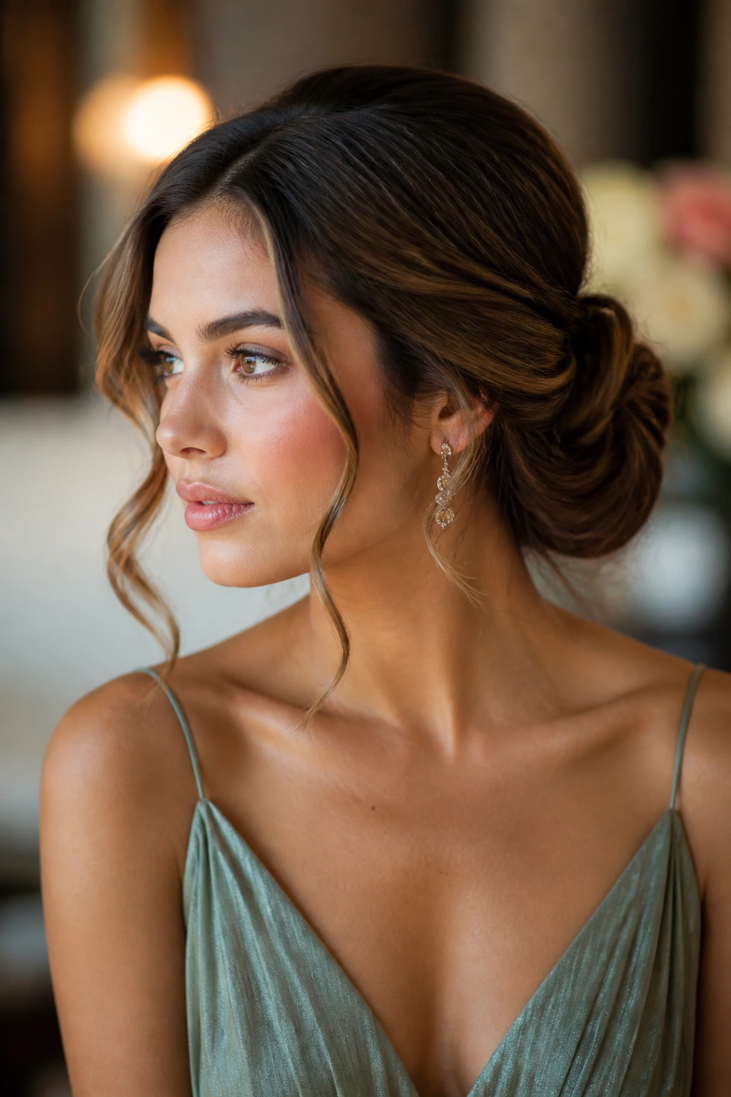 Portrait of a woman with twisted low bun and soft face-framing pieces