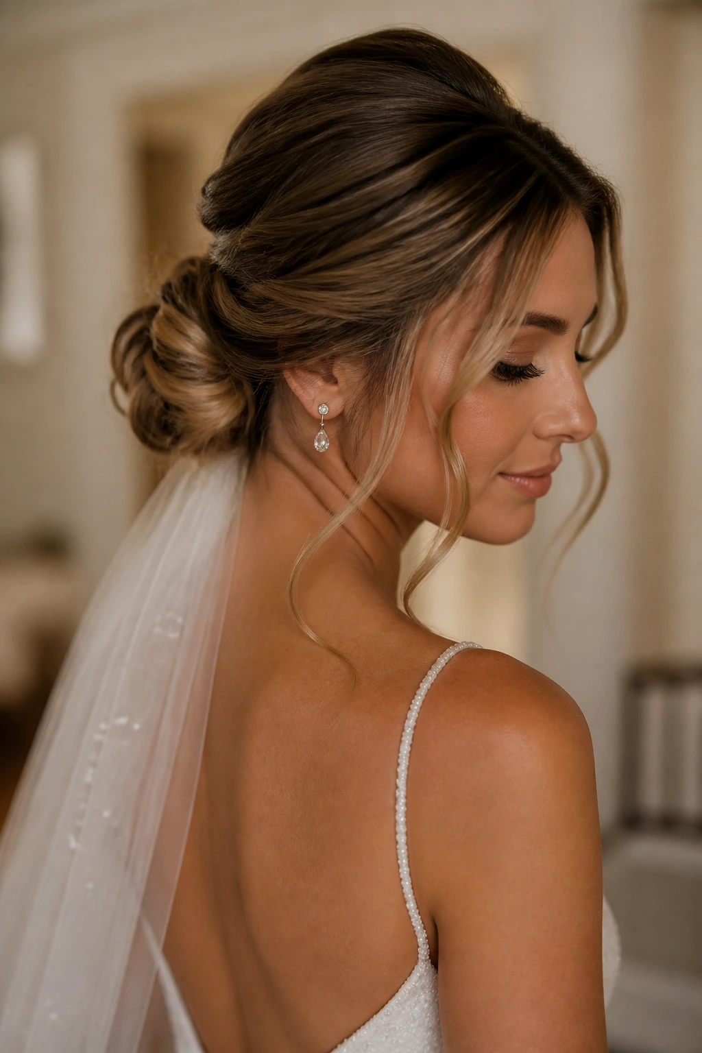 Close-up of a real bride with a twisted low bun and face-framing waves in a bridal suite
